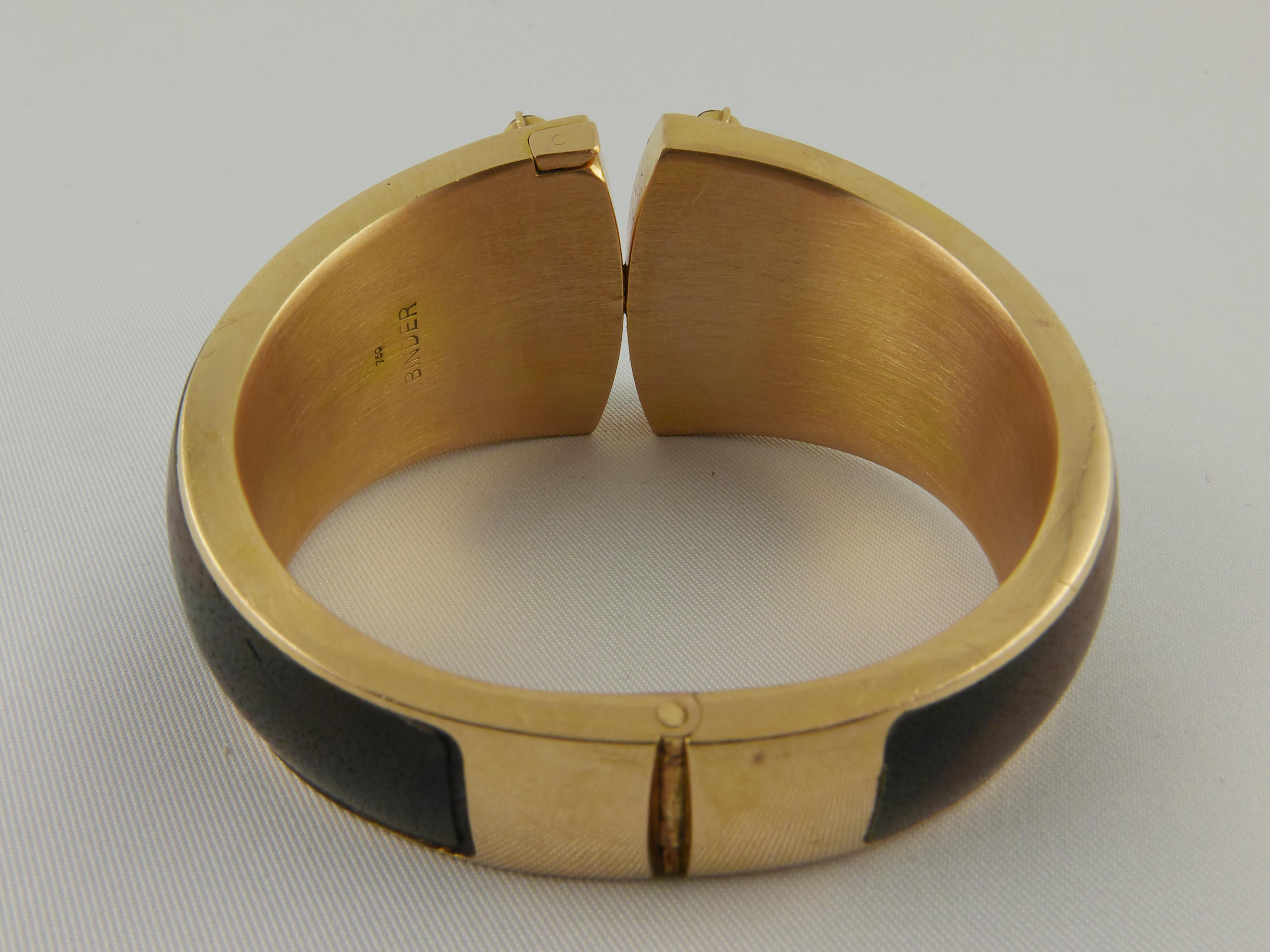 1970s Paul Binder Wood Enamel Ruby and Yellow Gold Cuff Bracelet 1