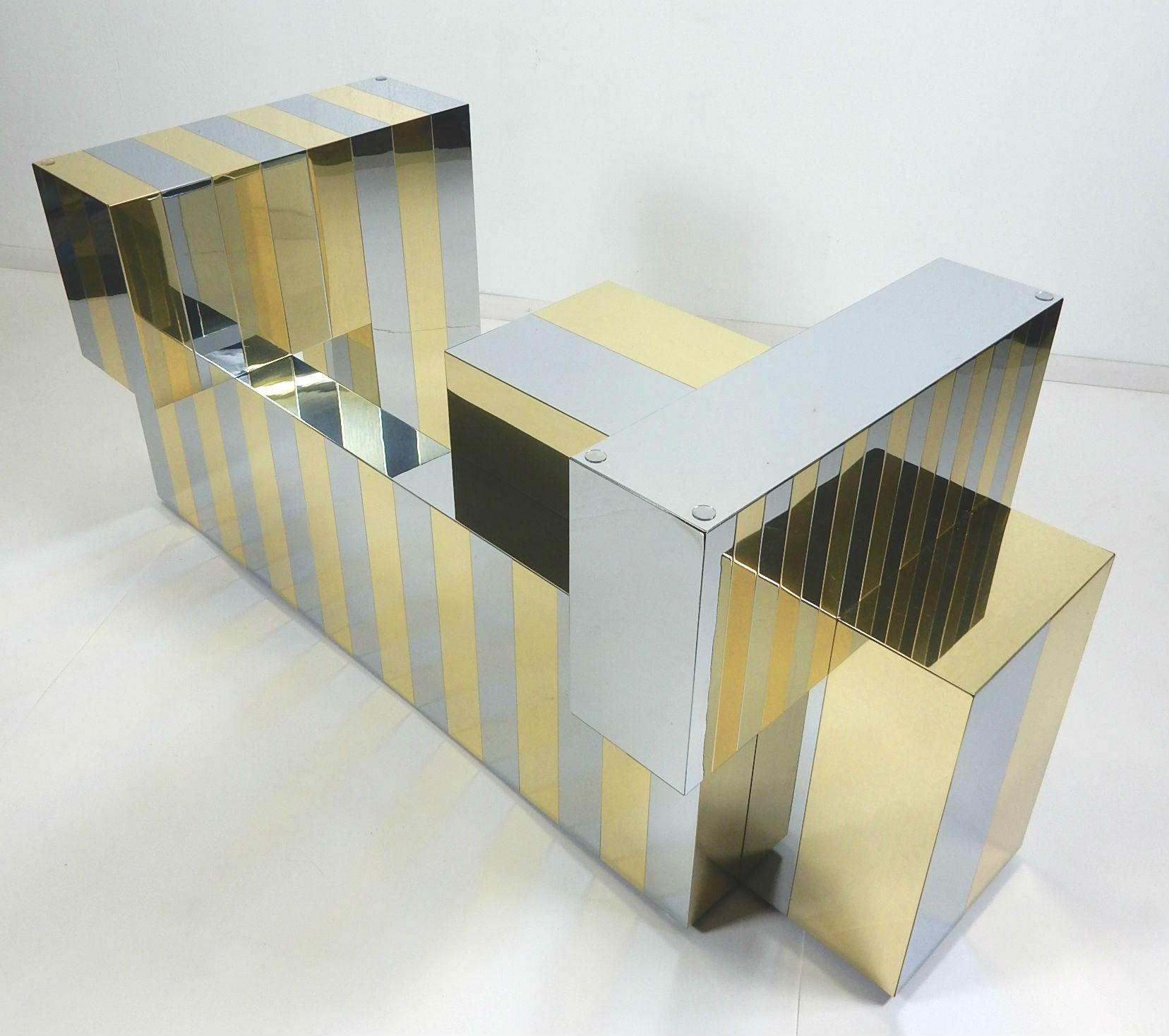 Stunning chrome and brass patchwork veneer dining table base designed by Paul Evans,
circa 1970s, this is a super clean and well cared for example of the cityscape line.
Not pictured with original glass top however it would be available if buyer