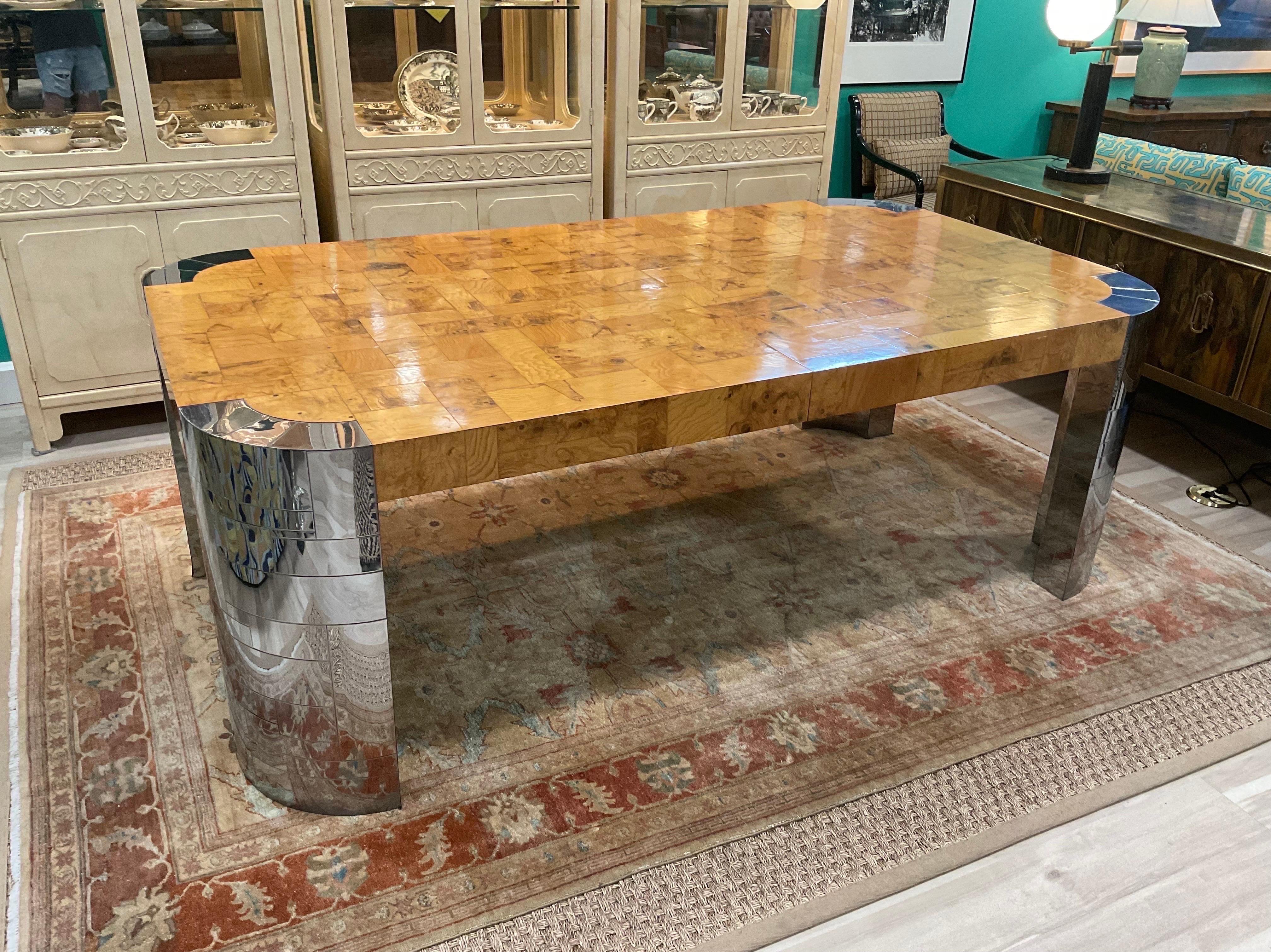 Iconic Paul Evans Burled Patchwork and Chrome Dining Table from his Cityscape Collection. Signed. Two leaves.

Condition Disclosure:
Please understand nearly all of our inventory is comprised of rare to very rare vintage pieces. They are not new and