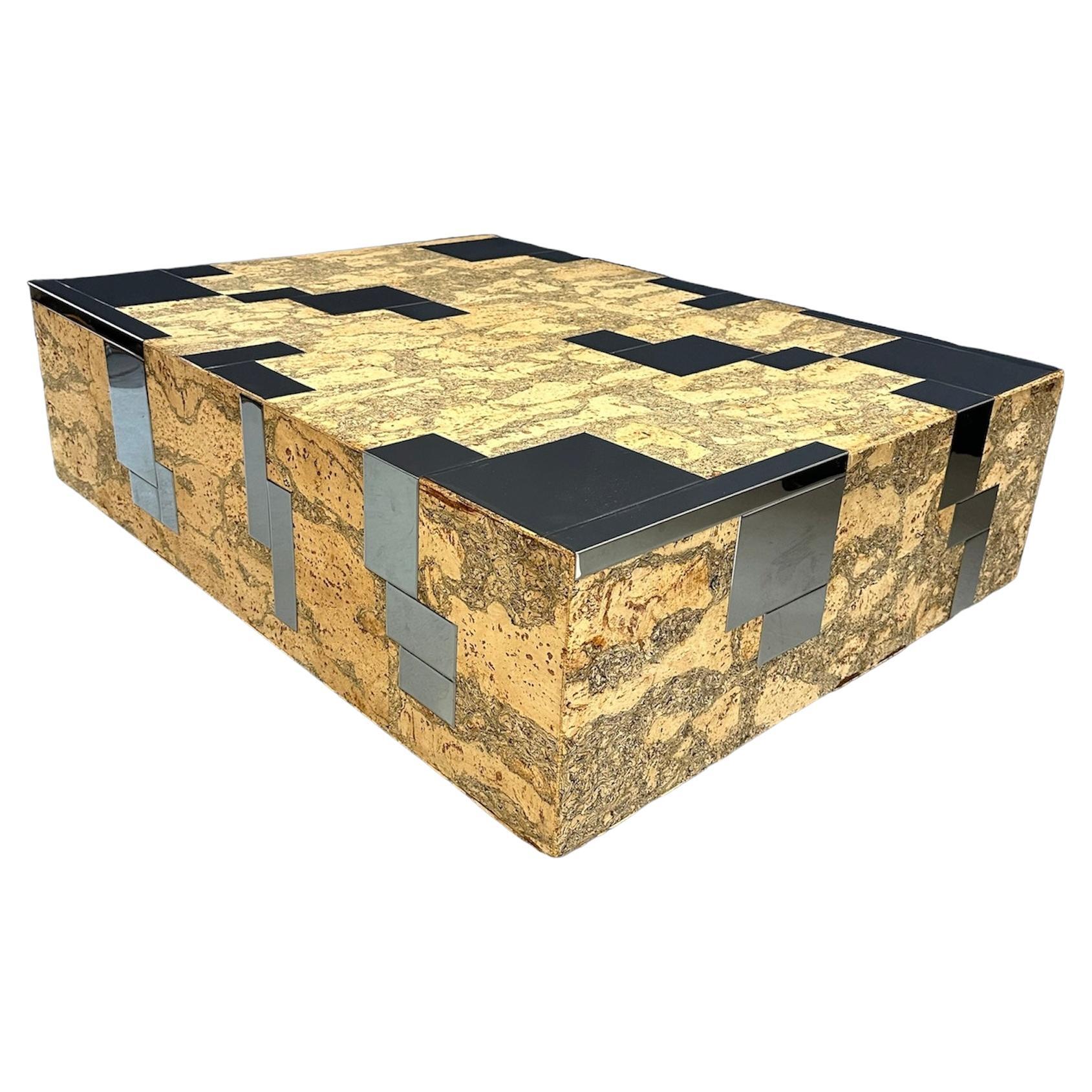 1970s Paul Evans Style Cork and Stainless Steel Coffee Table on Plinth Base