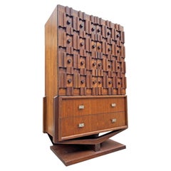 1970s Paul Evans Style Modern Sculpted Floating Tall High Dresser in Brutalist