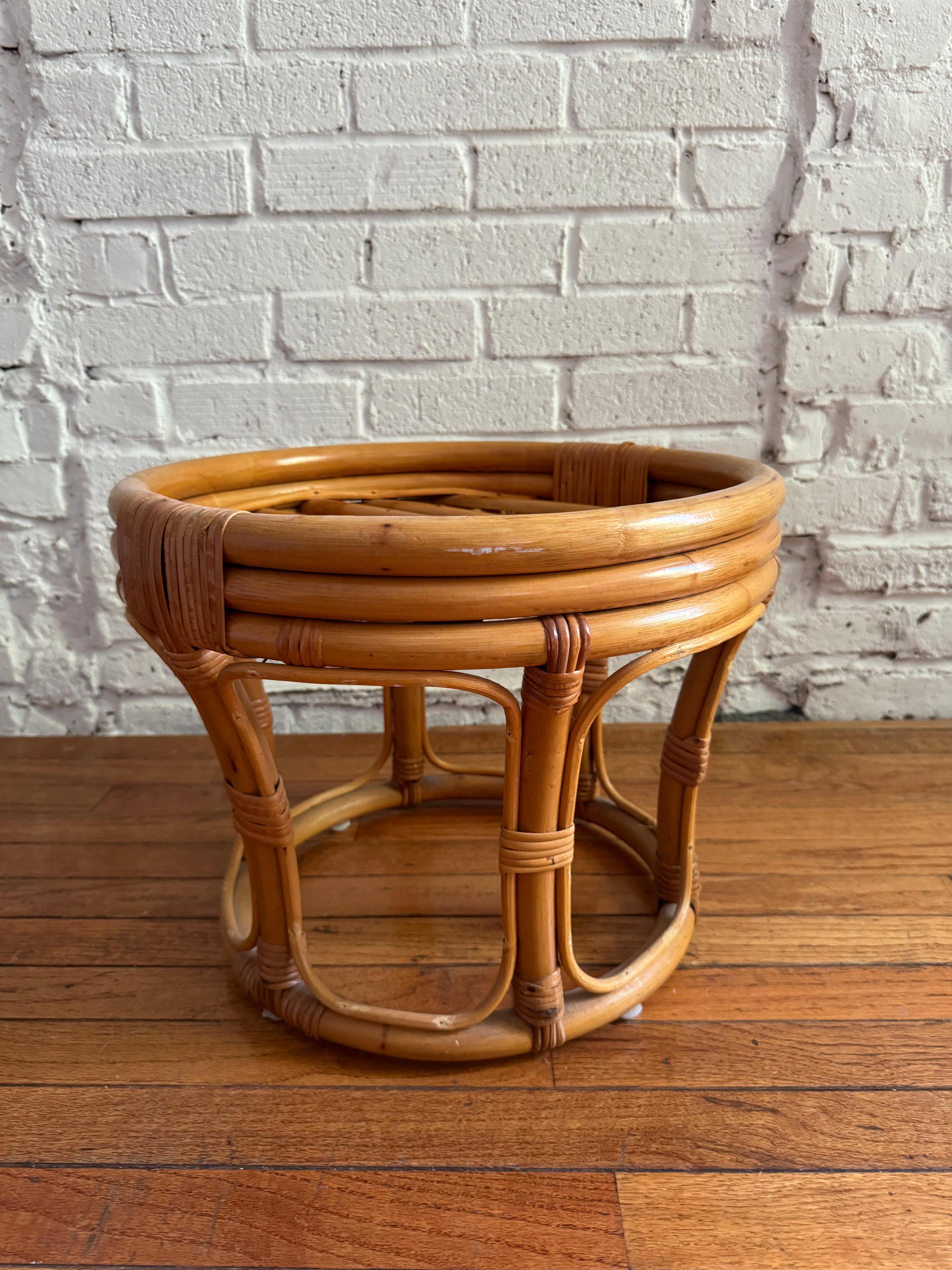 Mid-Century Modern 1970s Paul Frankl Style Rattan Bamboo Ottoman / Foot Stool / Side Table