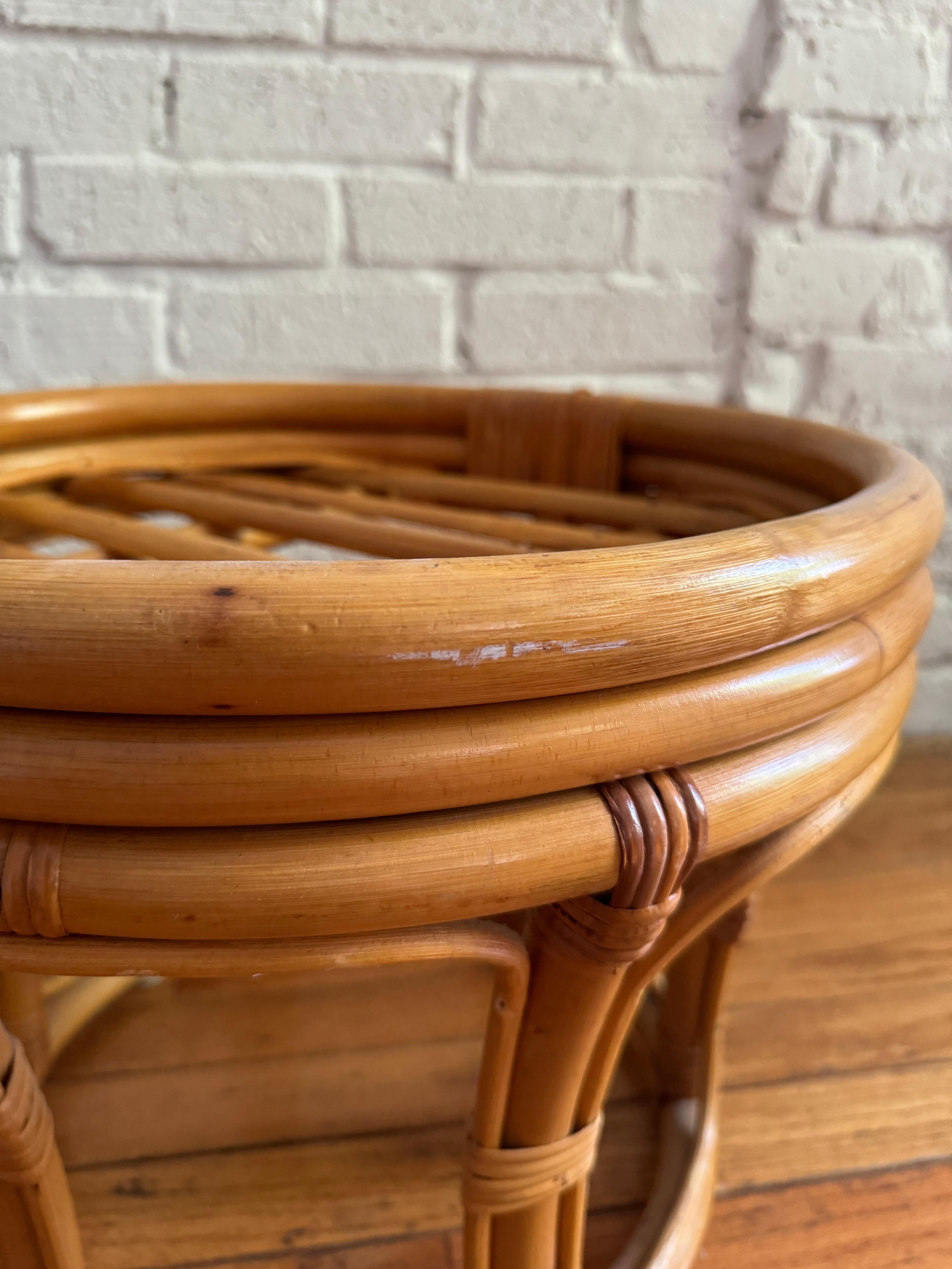 Unknown 1970s Paul Frankl Style Rattan Bamboo Ottoman / Foot Stool / Side Table