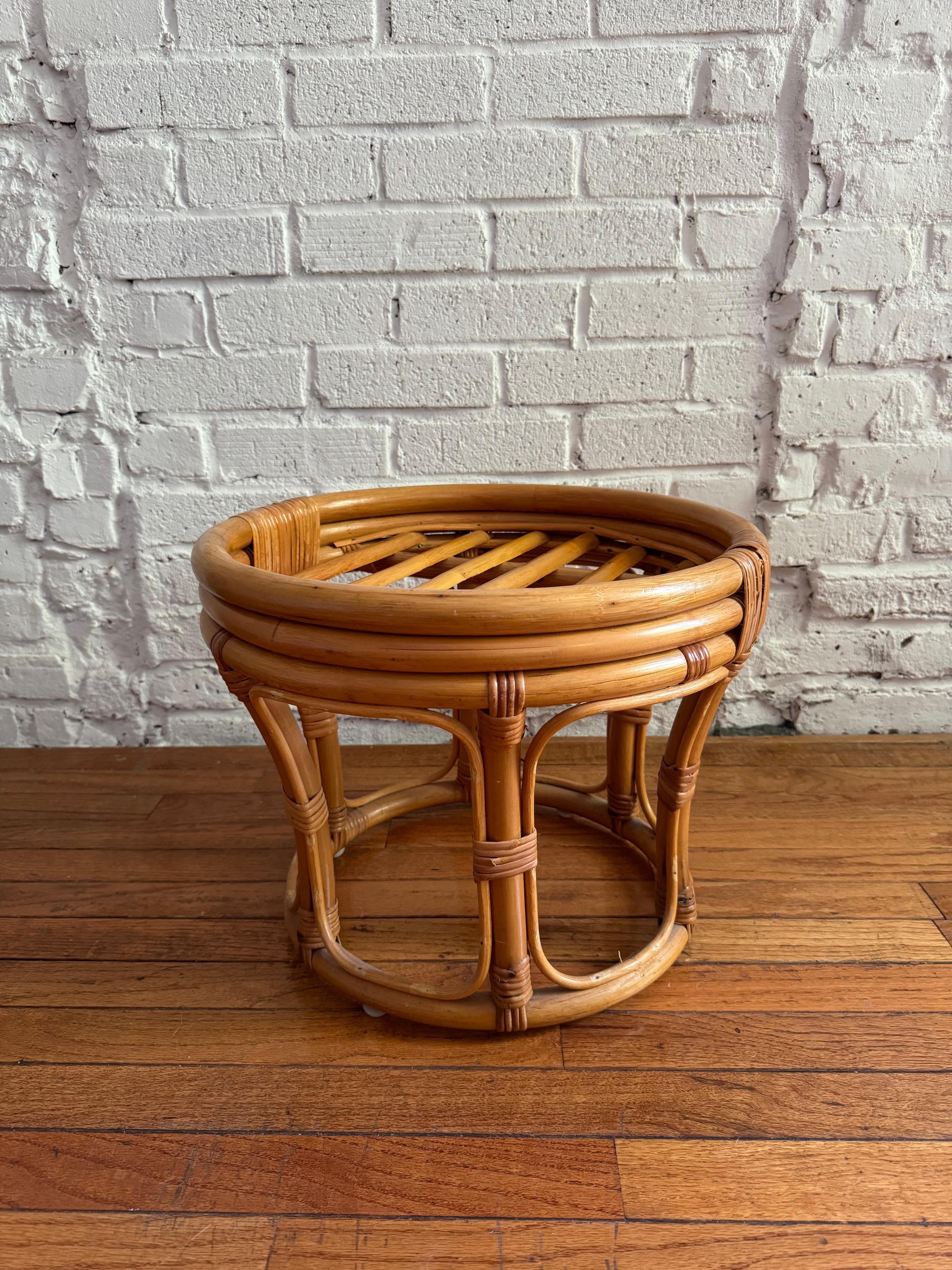 1970s Paul Frankl Style Rattan Bamboo Ottoman / Foot Stool / Side Table In Good Condition In Portland, OR