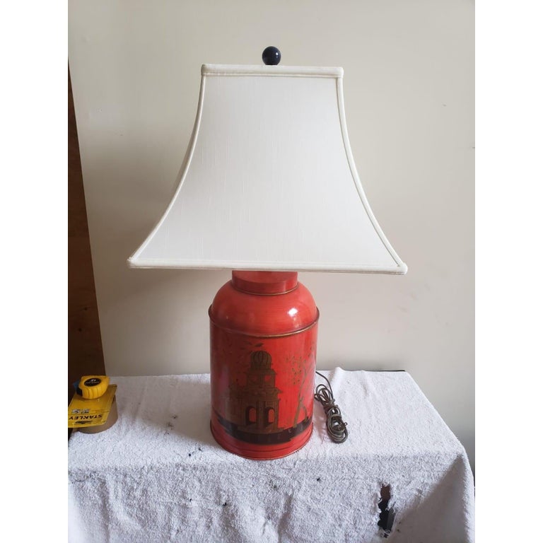 1970s Paul Hanson Hand Painted Metal Table Lamp With Asian Accent For Sale 4
