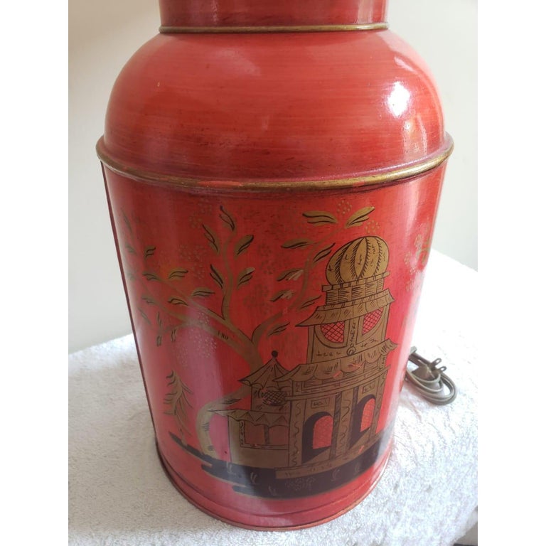 Italian 1970s Paul Hanson Hand Painted Metal Table Lamp With Asian Accent For Sale