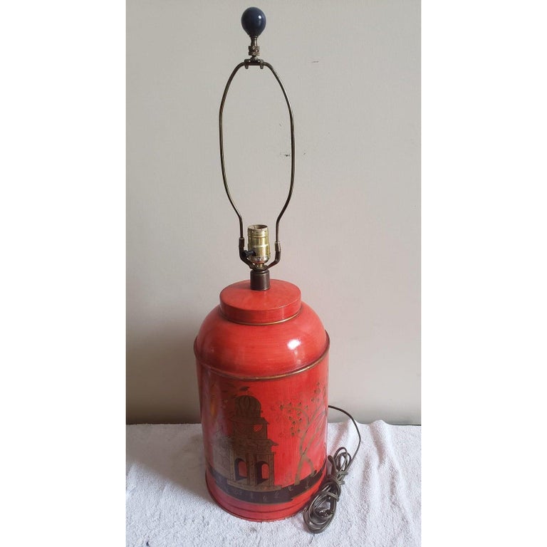 1970s Paul Hanson Hand Painted Metal Table Lamp With Asian Accent For Sale 2