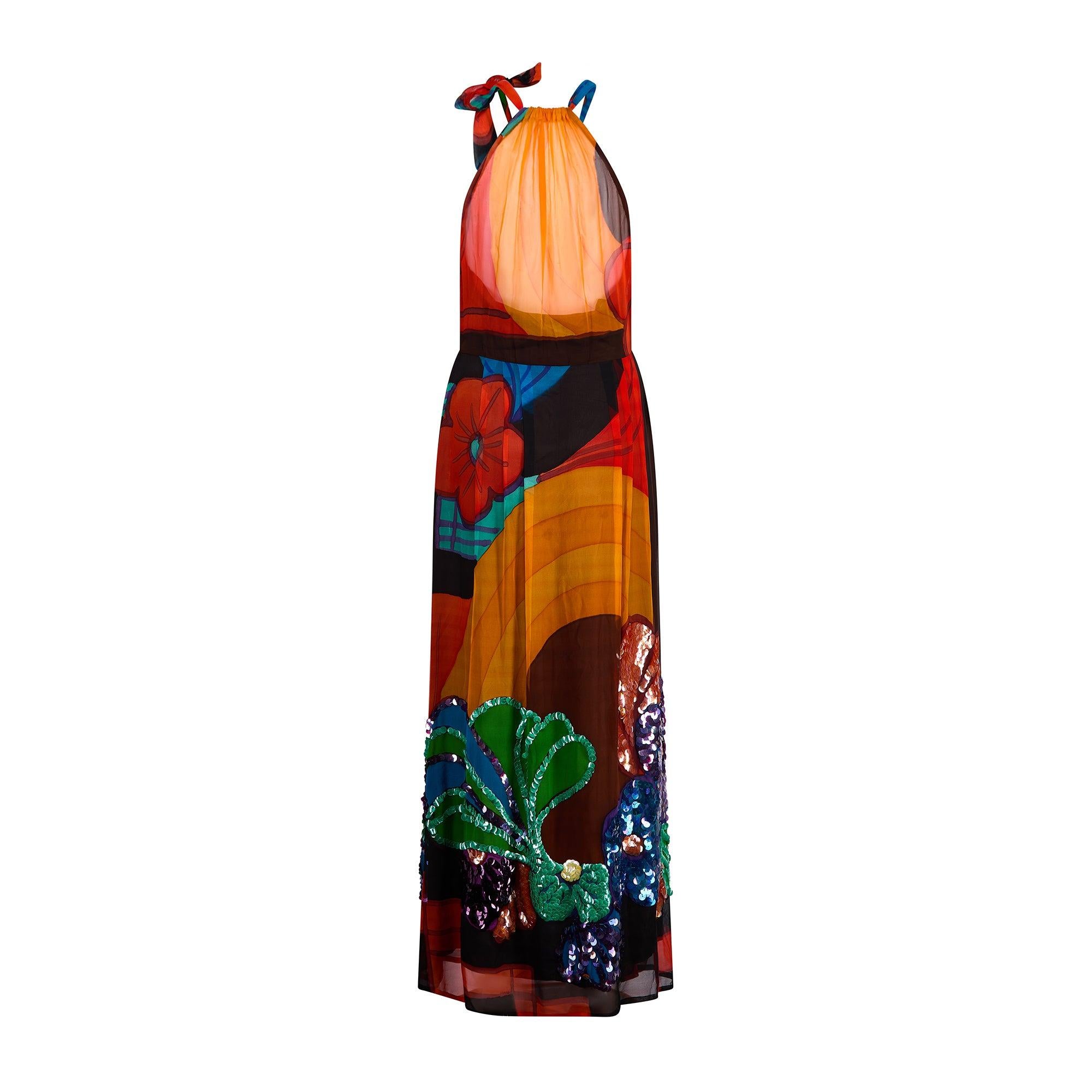 1970er Jahre Paul-Louis Orrier Couture Mehrfarbiges Maxikleid mit Pailletten (Schwarz) im Angebot