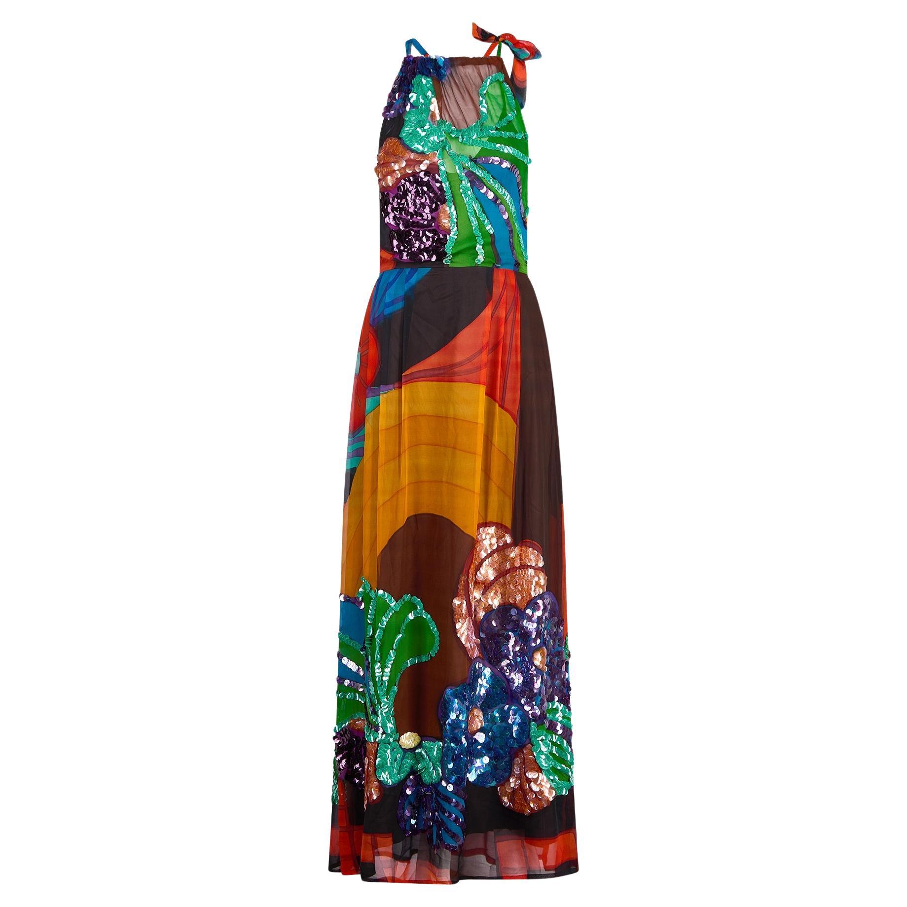 1970er Jahre Paul-Louis Orrier Couture Mehrfarbiges Maxikleid mit Pailletten im Angebot