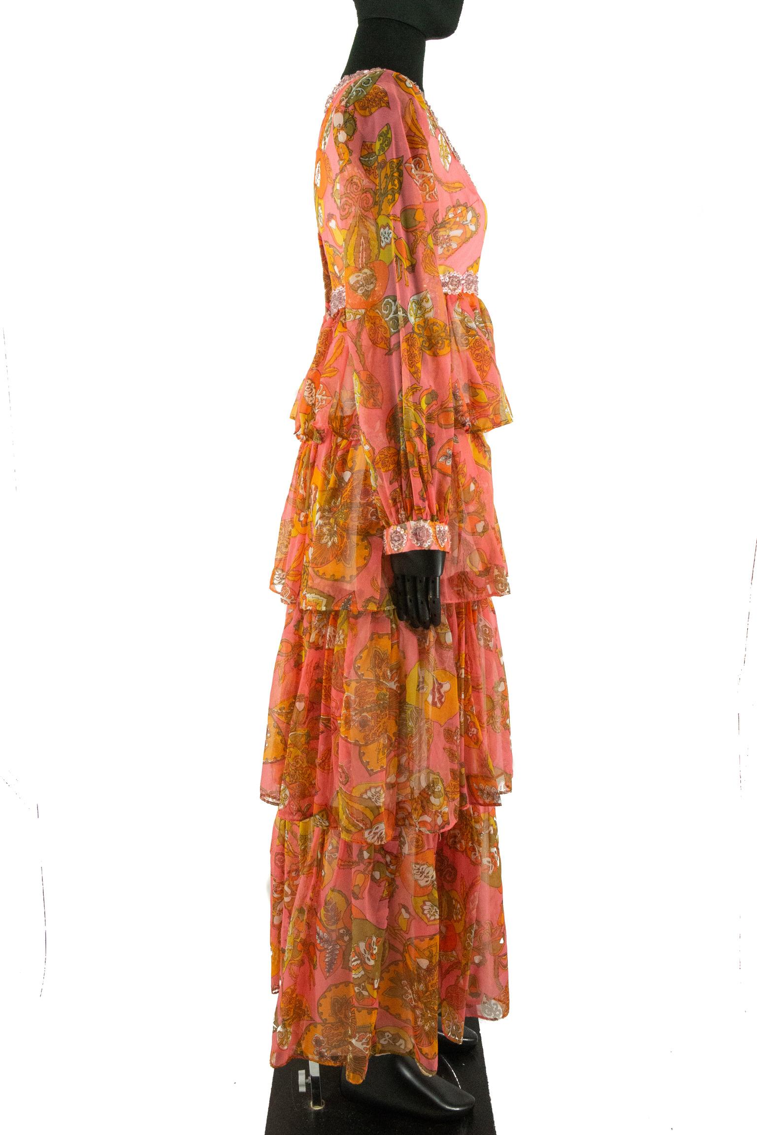 Orange 1970s Pauline Coral Psychedelic Print Dress For Sale