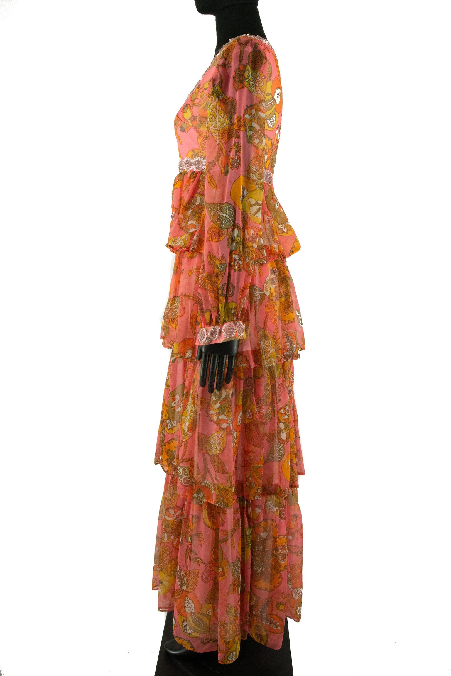 1970s Pauline Coral Psychedelic Print Dress In Good Condition For Sale In London, GB