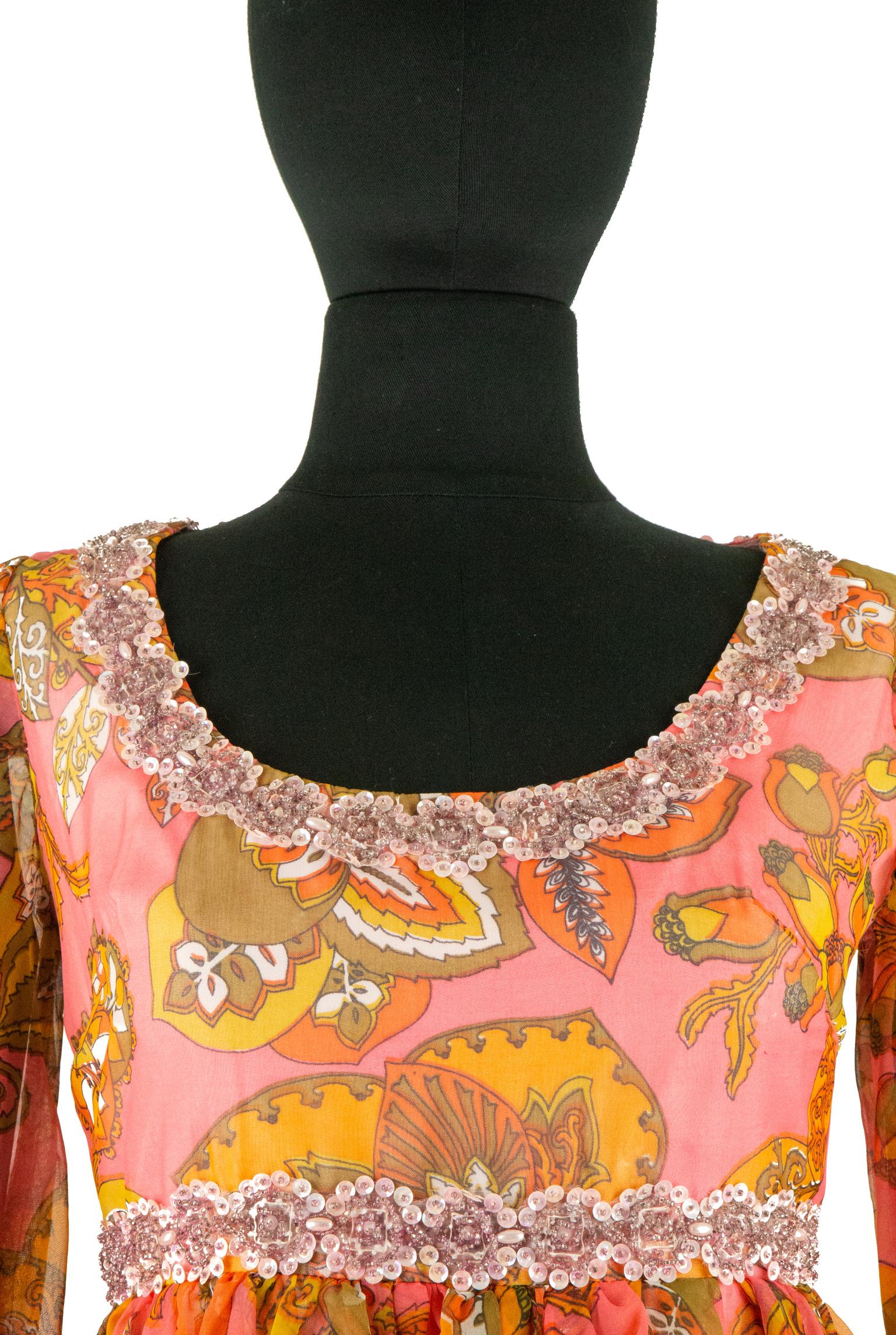 1970s Pauline Coral Psychedelic Print Dress For Sale 1