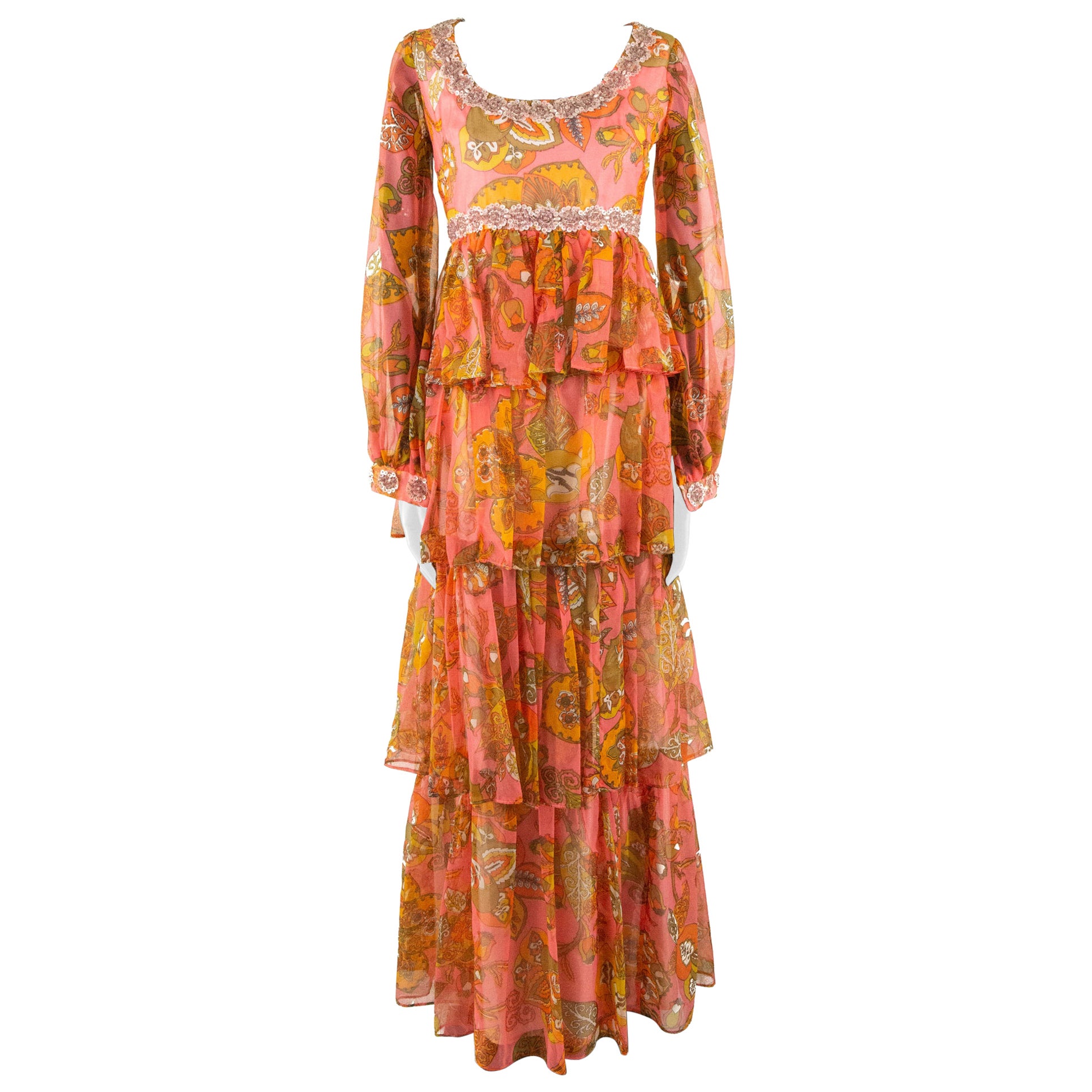 Pauline Coral - Robe à imprimé psychédélique des années 1970 en vente