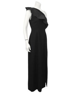 1970's Pauline Trigère Black One Shoulder Gown with Ruffle