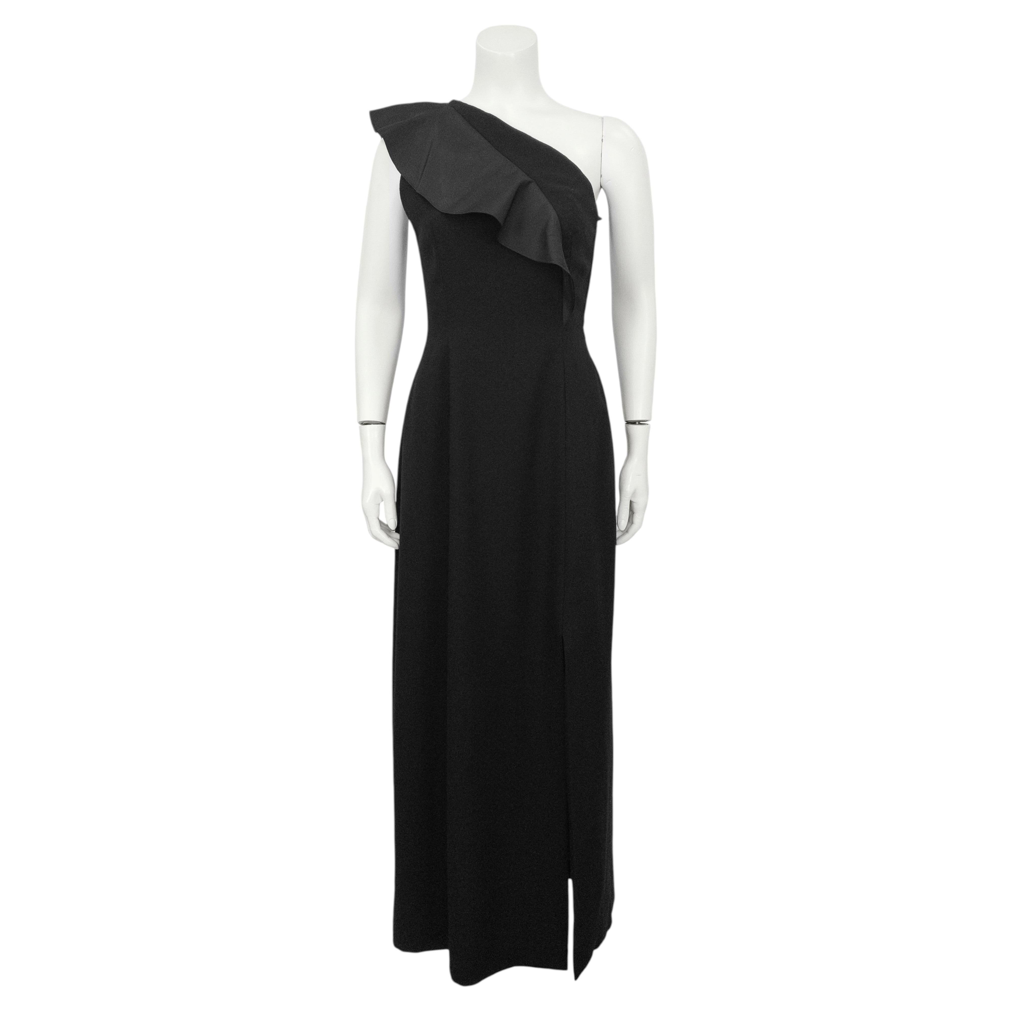 1970's Pauline Trigère Black One Shoulder Gown with Ruffle