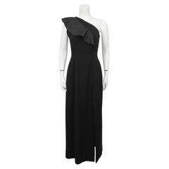 1970's Pauline Trigère Black One Shoulder Gown with Ruffle