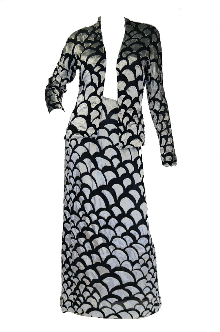 Early 1980s Pauline Trigere Velvet Dot on Net Dress w Exceptional Sleeves