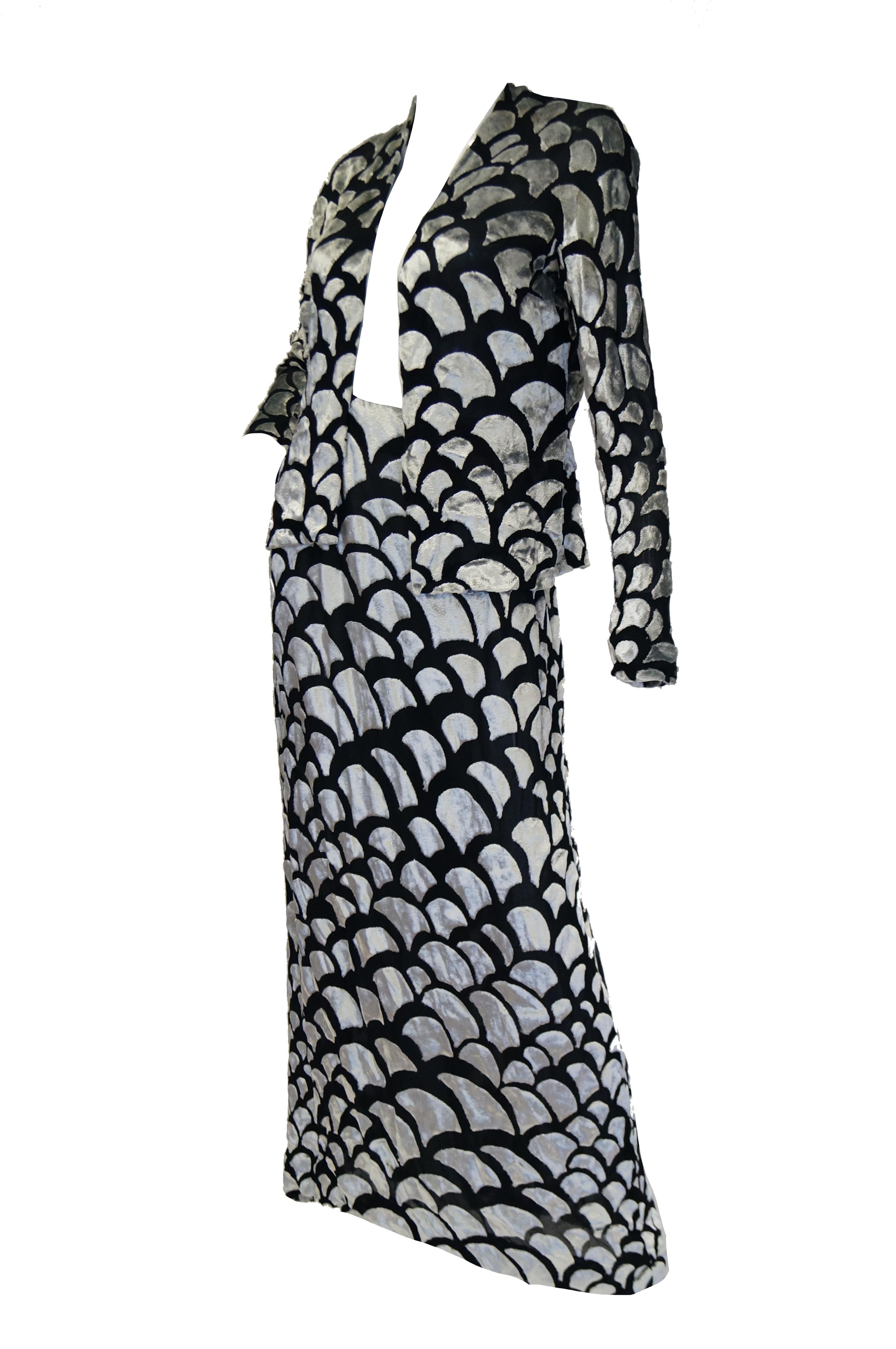 1970s Pauline Trigere Black & Silver Burnout Velvet Evening Dress Ensemble 3