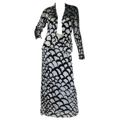 1970s Pauline Trigere Black & Silver Burnout Velvet Evening Dress Ensemble