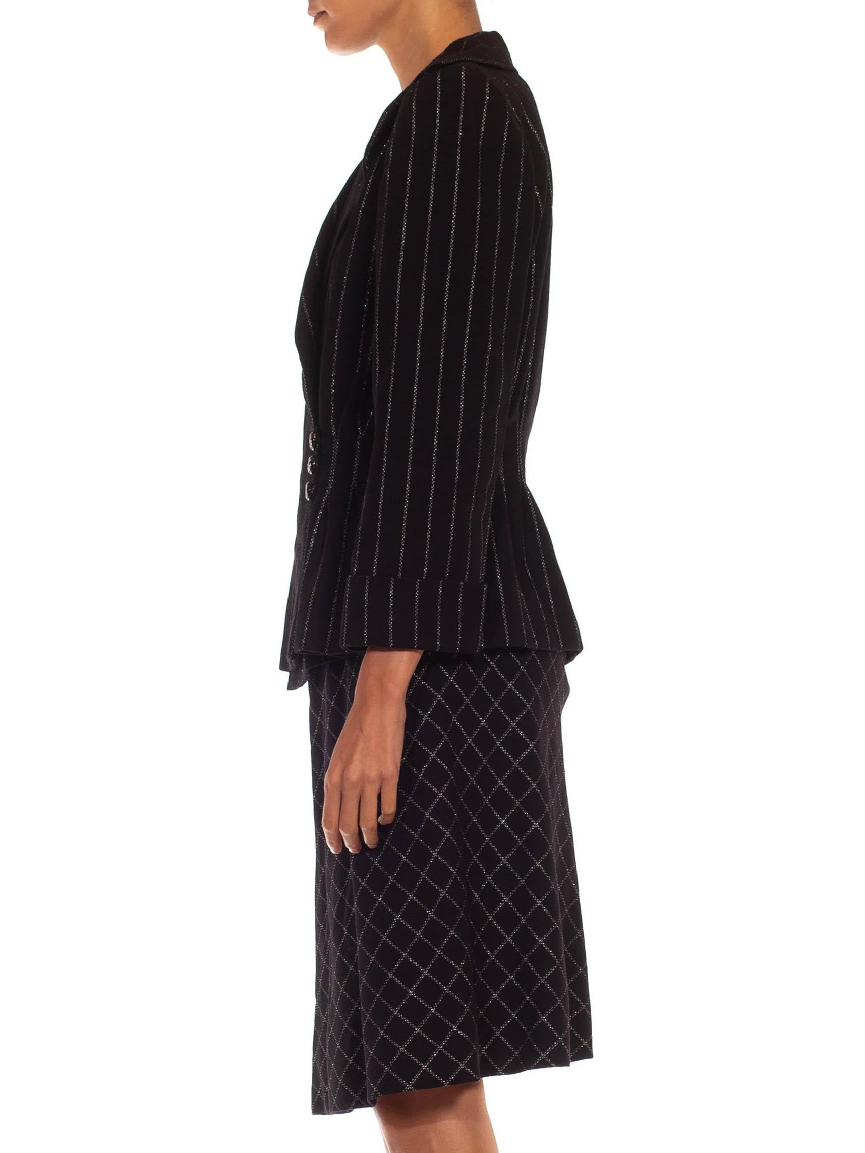 1970S PAULINE TRIGERE Black Silver Lamé Bias Skirt Suit With Silk Lining In Excellent Condition For Sale In New York, NY