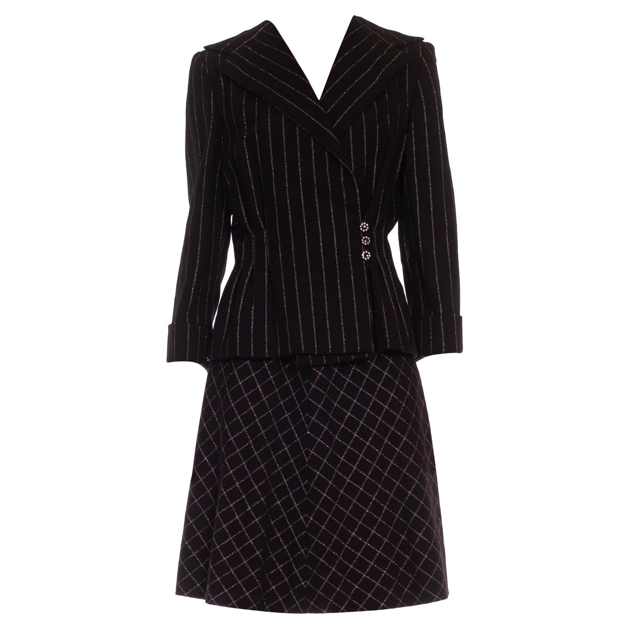 1970S PAULINE TRIGERE Traje de falda bies negro plata lamé con forro de seda en venta
