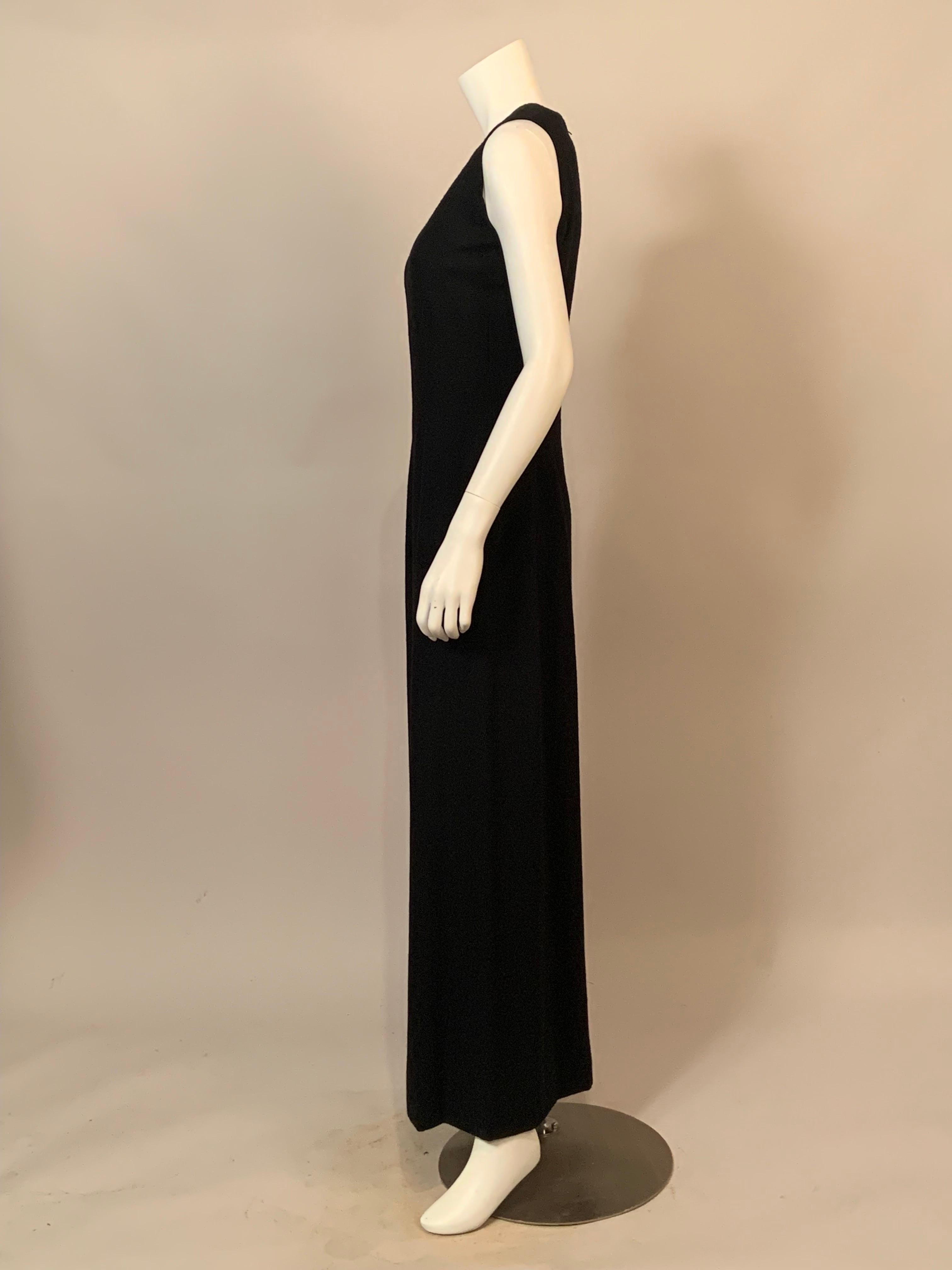1970's Pauline Trigere Black Wool Crepe Dress with Low Cut Neckline In Excellent Condition For Sale In New Hope, PA