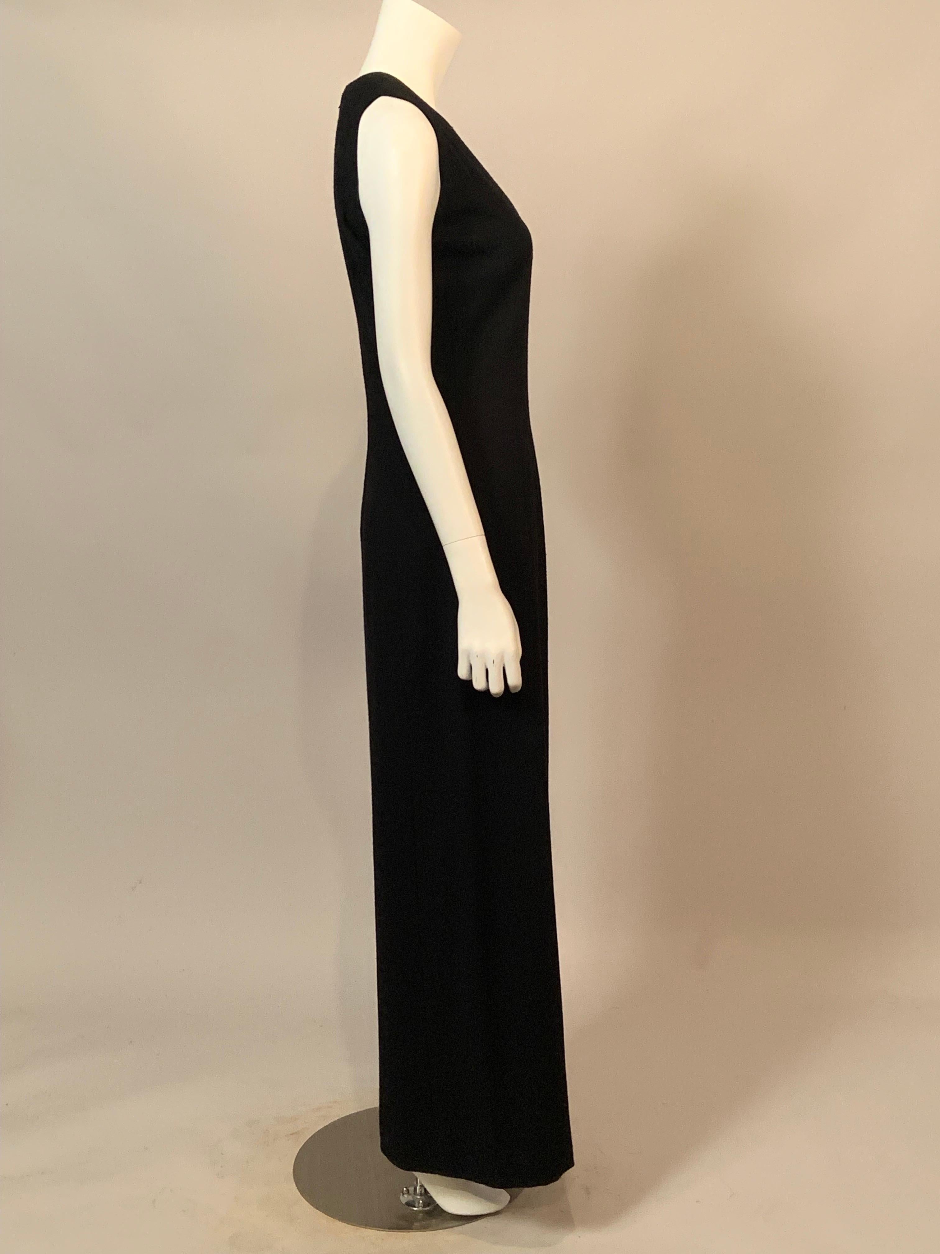 1970's Pauline Trigere Black Wool Crepe Dress with Low Cut Neckline For Sale 1