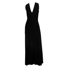 1970's Pauline Trigere Black Wool Crepe Dress with Low Cut Neckline