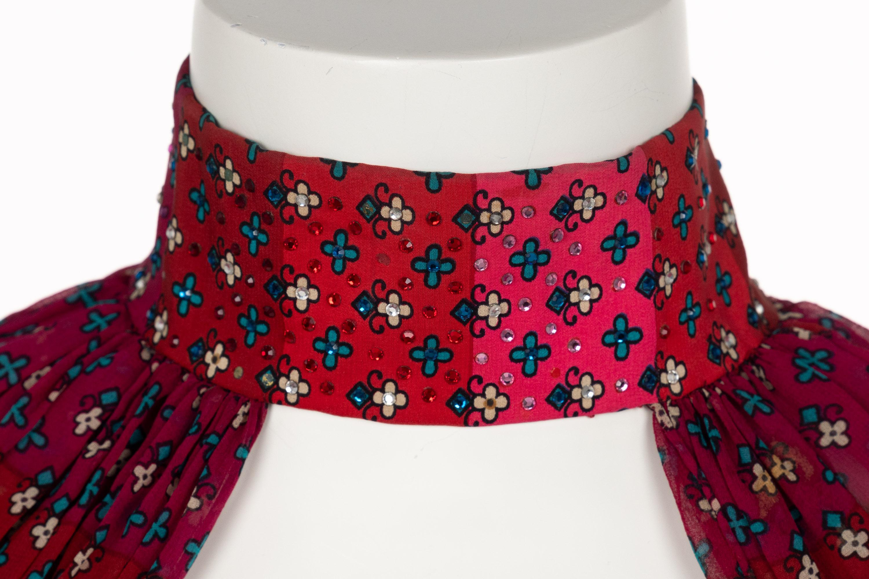 1970s  Pauline Trigère Red Print Strapless Dress & Cape Set For Sale 6