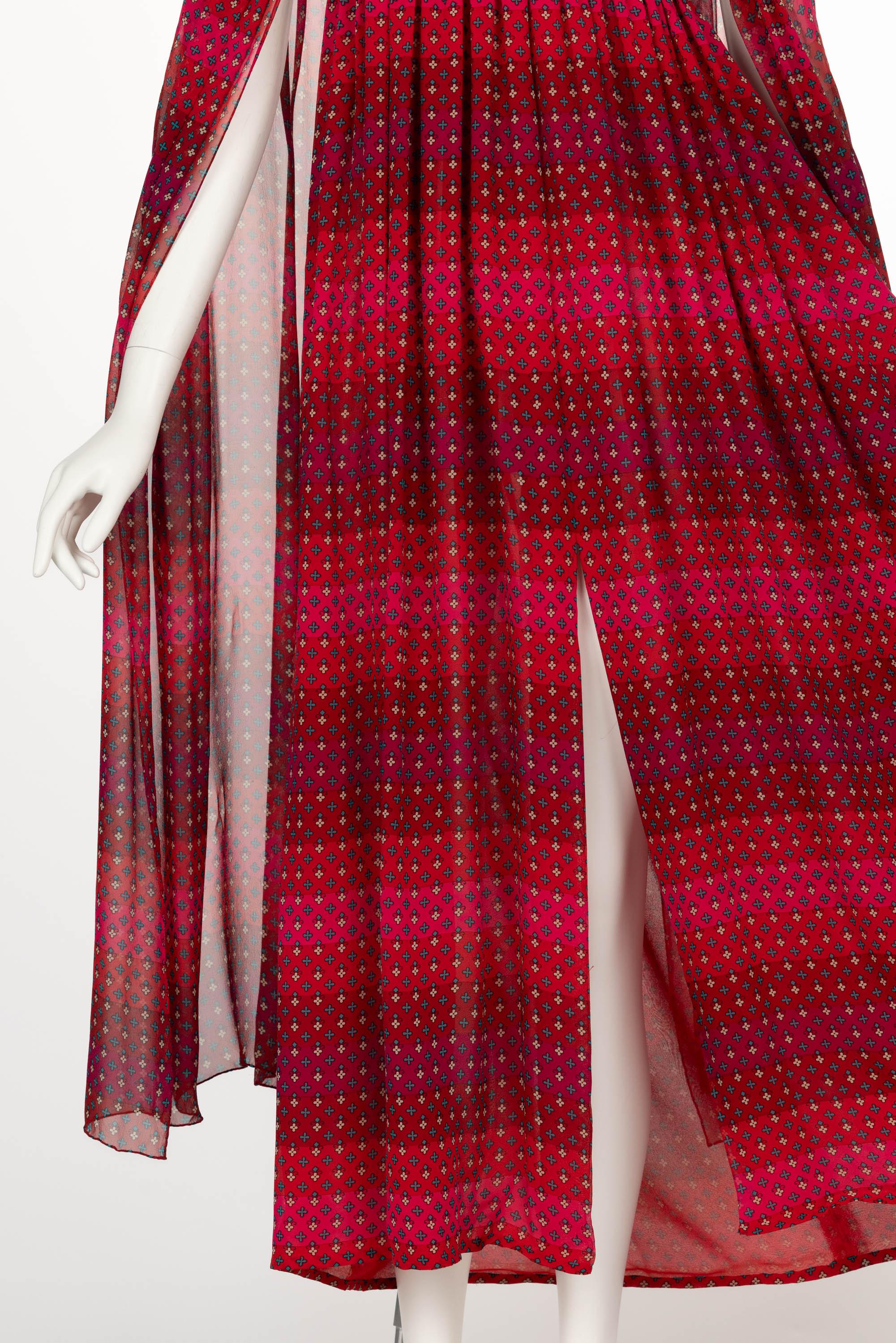 1970s  Pauline Trigère Red Print Strapless Dress & Cape Set For Sale 8