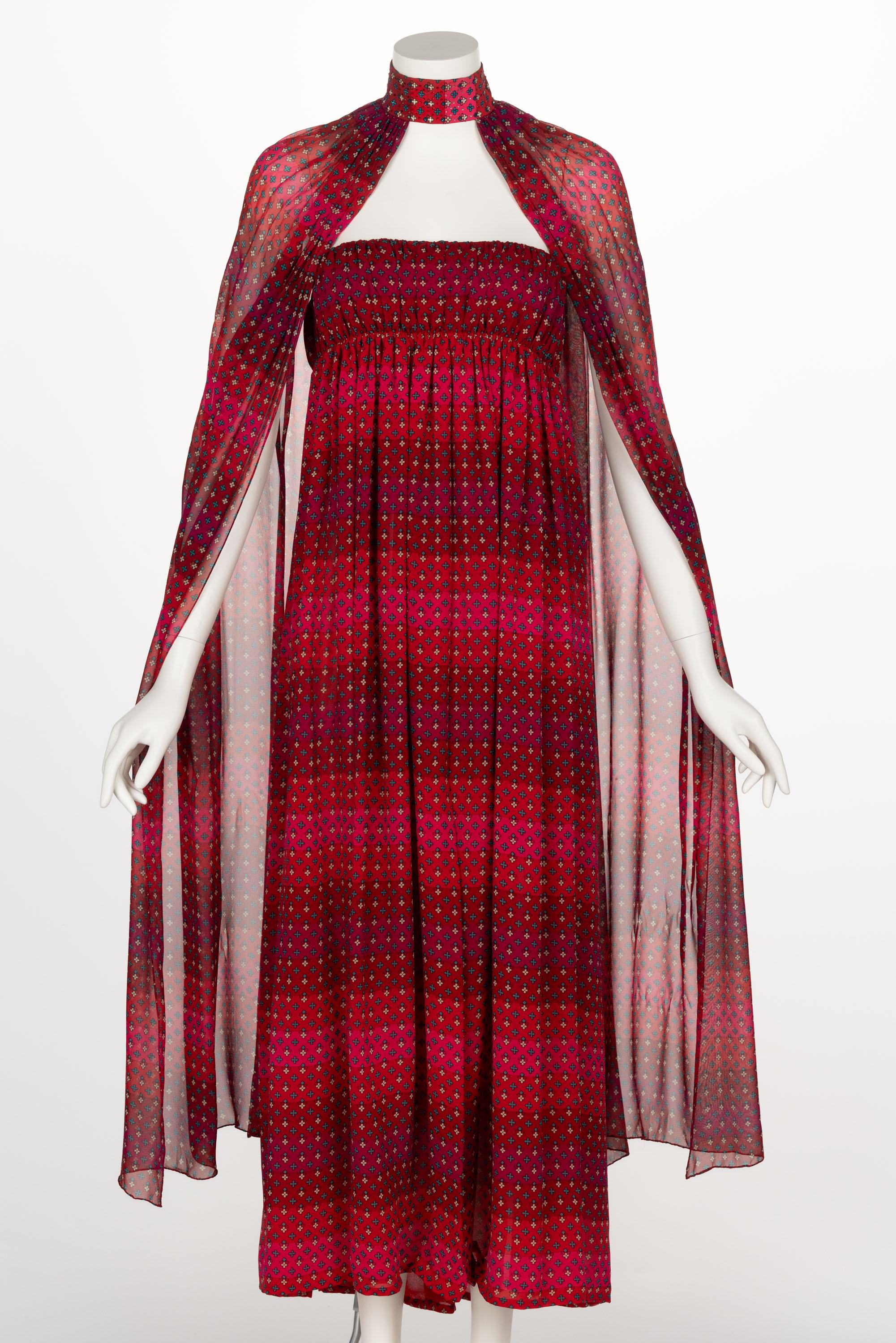 1970s  Pauline Trigère Red Print Strapless Dress & Cape Set For Sale 9