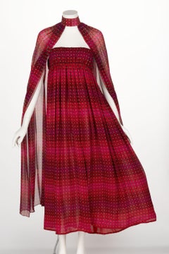 1970s  Pauline Trigère Red Print Strapless Dress & Cape Set