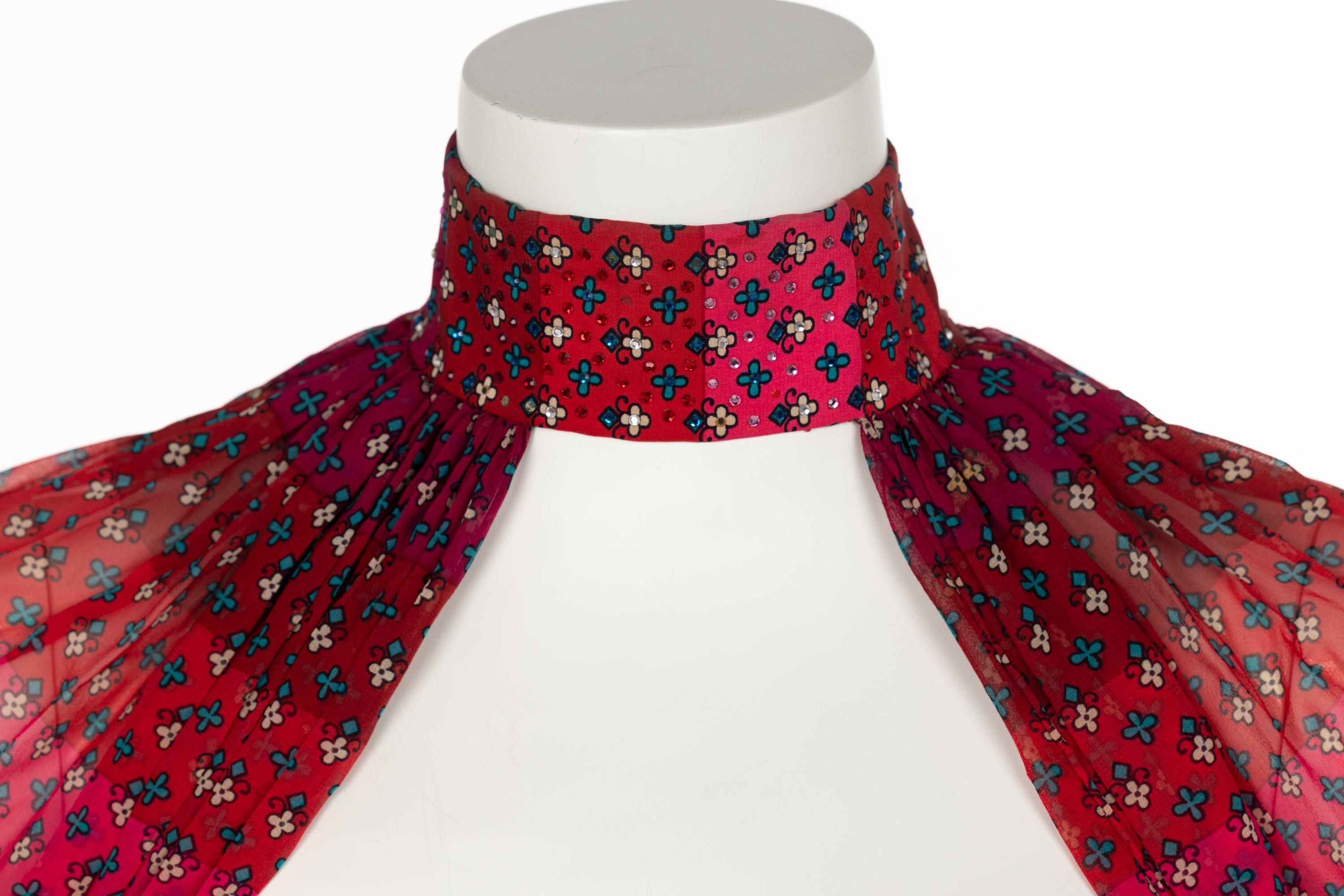 1970s  Pauline Trigère Red Print Strapless Dress & Cape Set For Sale 5