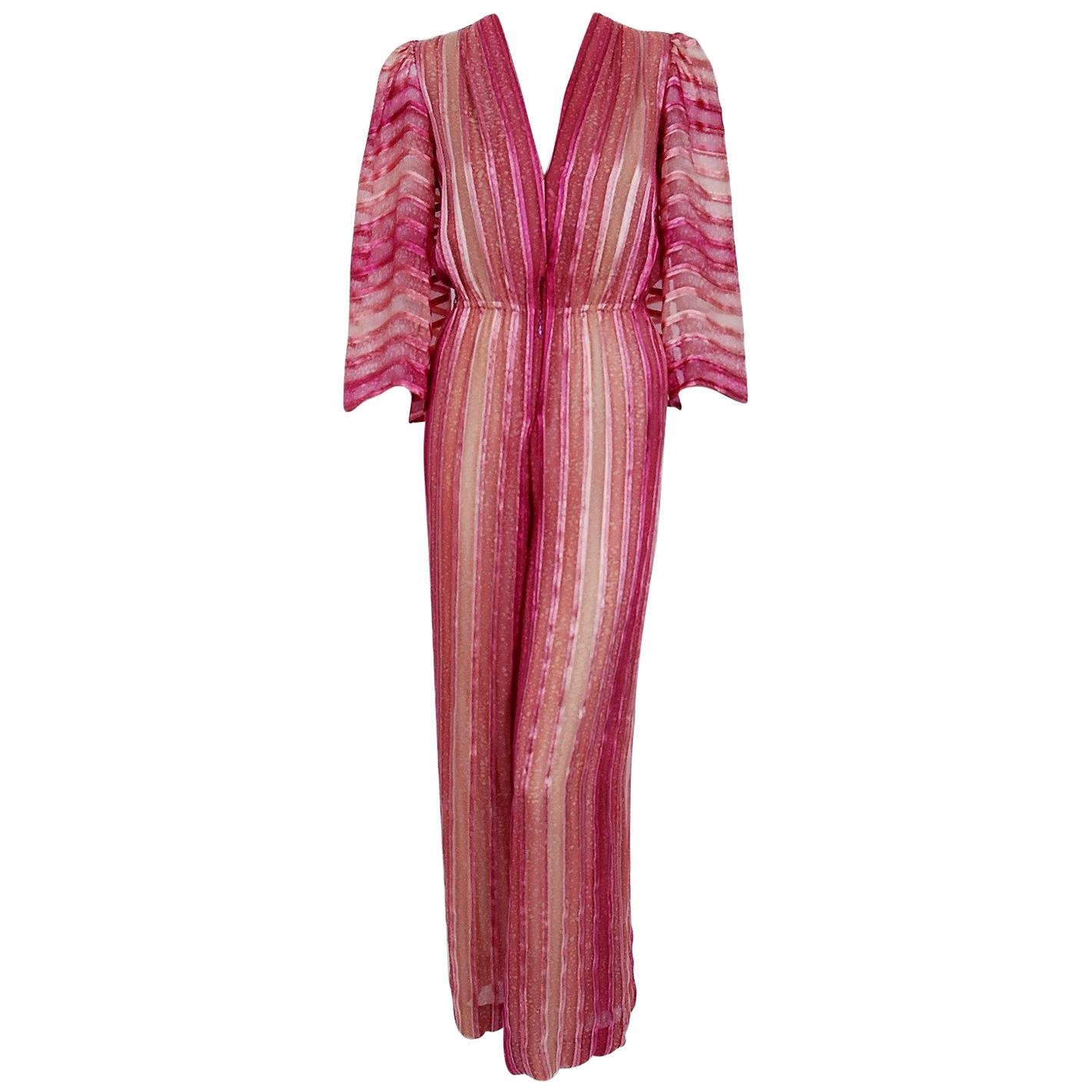 Vintage 1970's Pauline Trigere Rose Pink Striped Ombré Silk Low Plunge Jumpsuit