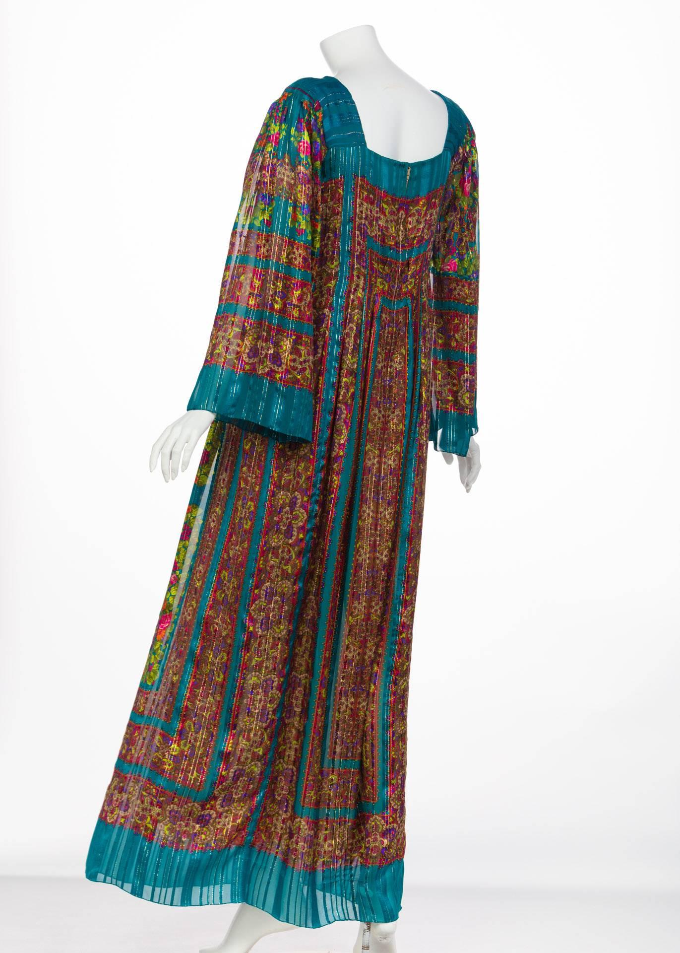 Black Pauline Trigere Silk Floral Metallic Bell Sleeve Caftan Maxi Dress, 1970s