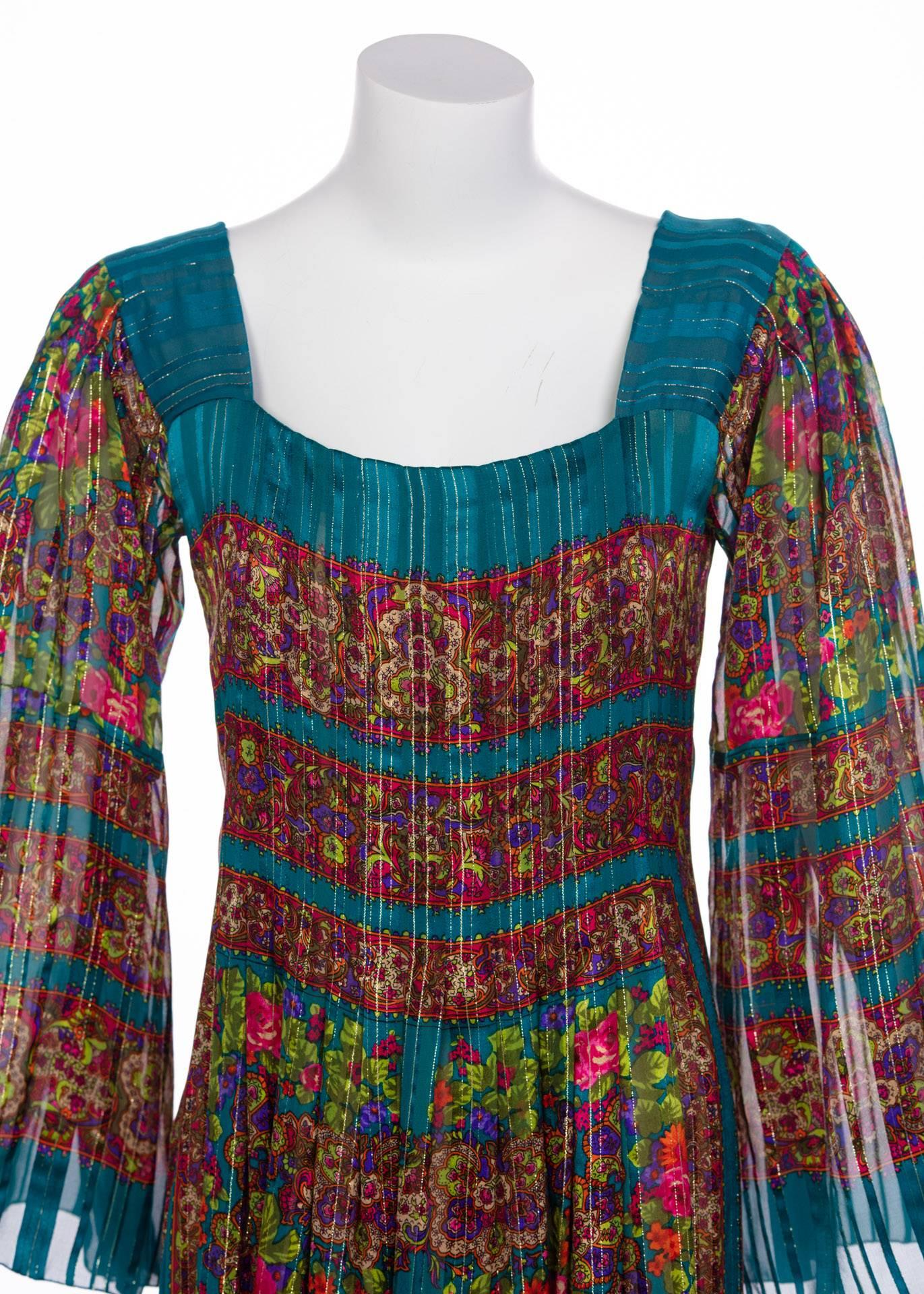 Pauline Trigere Silk Floral Metallic Bell Sleeve Caftan Maxi Dress, 1970s 2