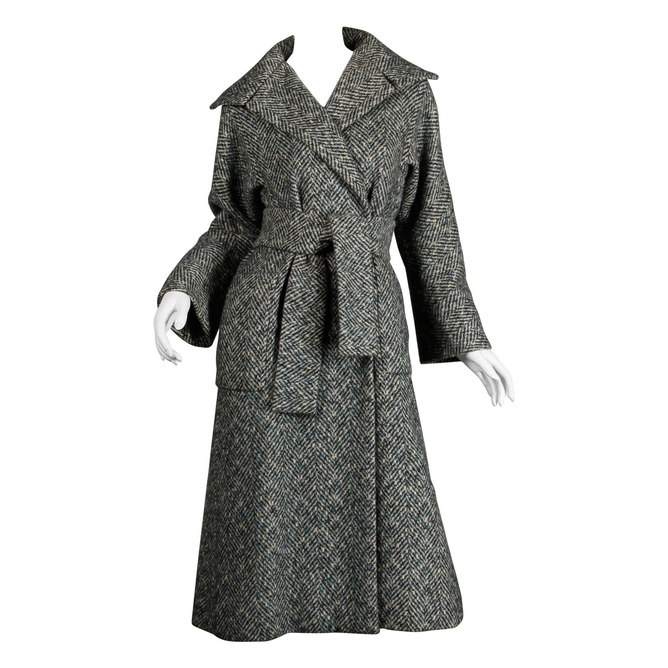 1970s Pauline Trigere Vintage Herringbone Heavy Wool Belted Coat