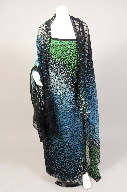 1970's Pauline Trigere Wrap Style Silk Chiffon Dress with Large Matching Shawl For Sale 2