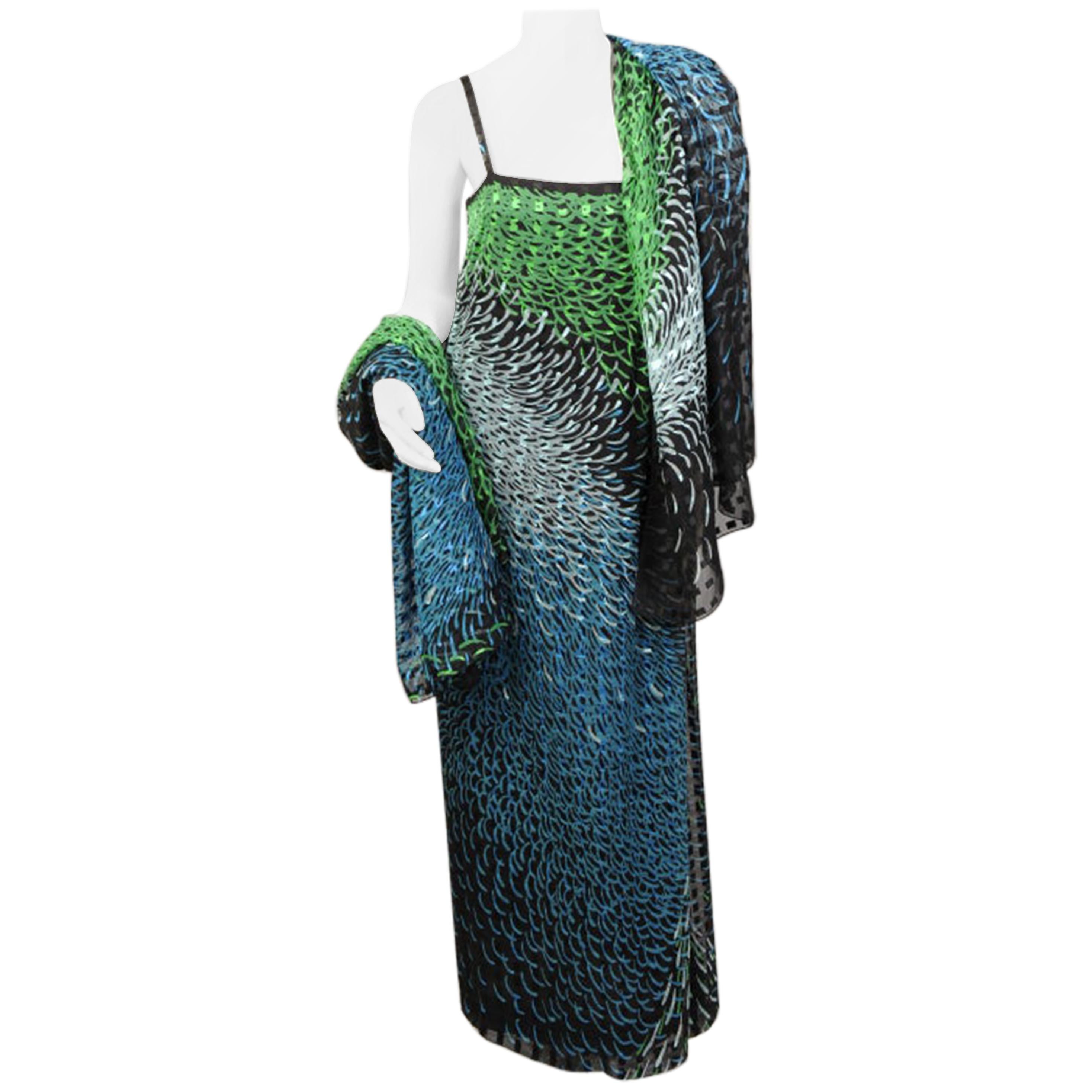 1970's Pauline Trigere Wrap Style Silk Chiffon Dress with Large Matching Shawl For Sale