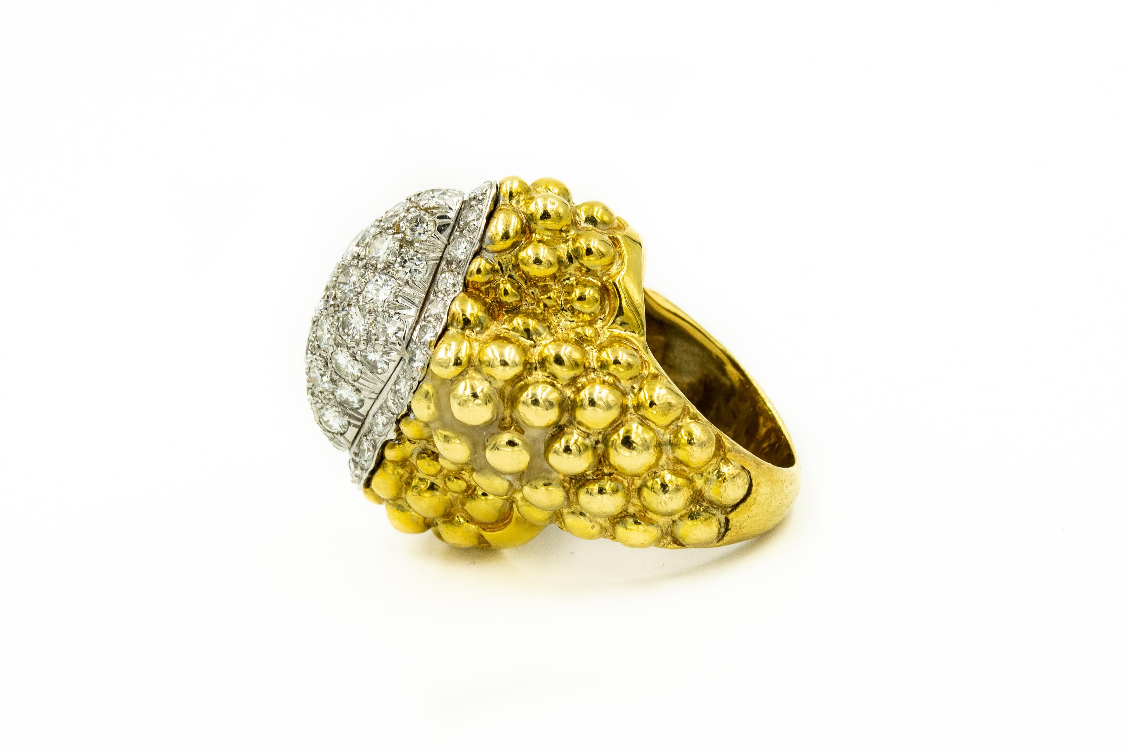 Round Cut 1970s Pave Diamond Beaded Pebbled Yellow Gold Dome Cocktail Ring For Sale