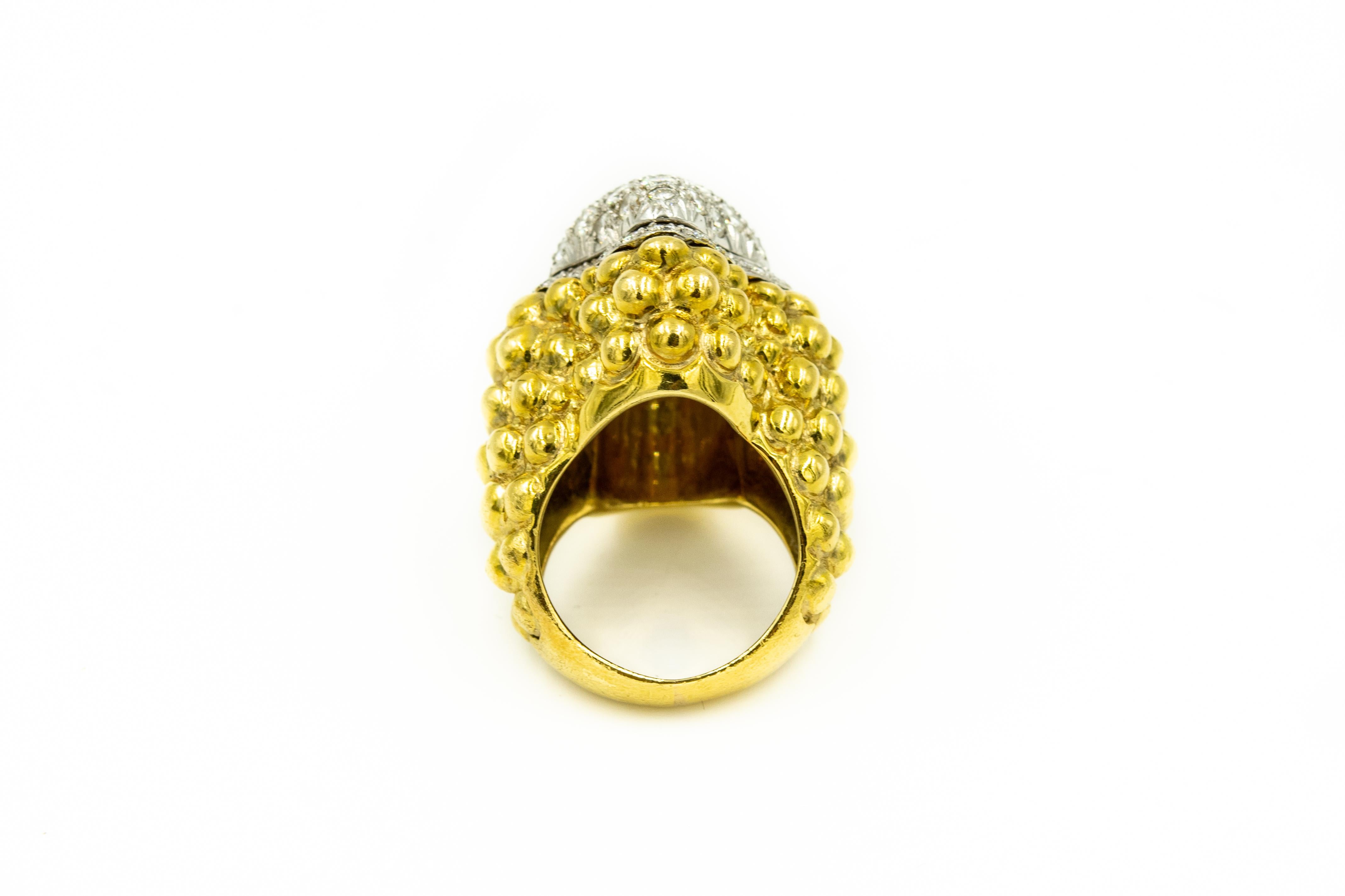 1970s Pave Diamond Beaded Pebbled Yellow Gold Dome Cocktail Ring In Good Condition For Sale In Miami Beach, FL