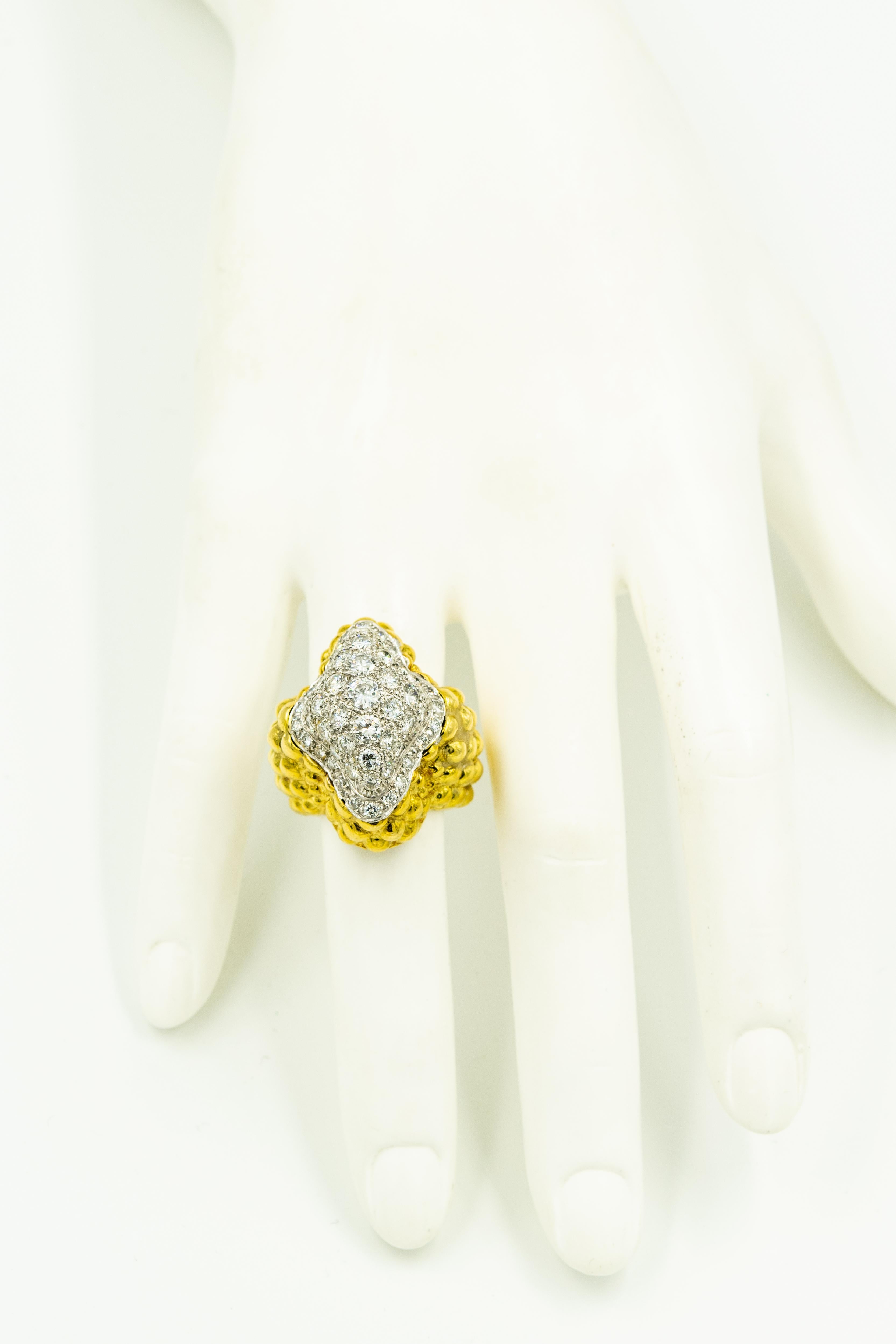 Women's or Men's 1970s Pave Diamond Beaded Pebbled Yellow Gold Dome Cocktail Ring For Sale