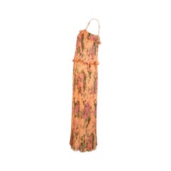1970s Peach Accordion Pleat Floral Print Maxi Dress