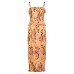 Robe longue à plis accordéon imprimé floral pêche des années 1970