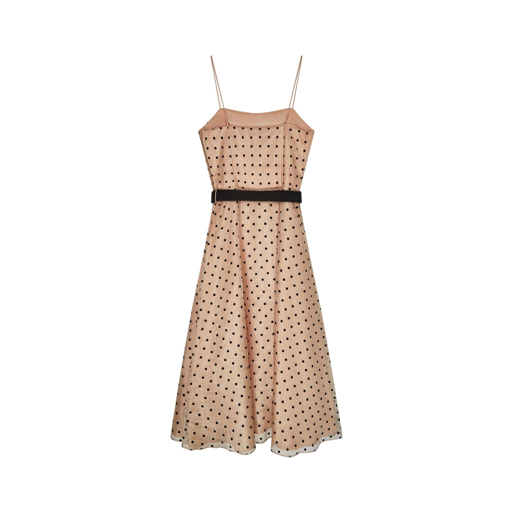 1970s Peach and Black Velvet Polka Dot Dress