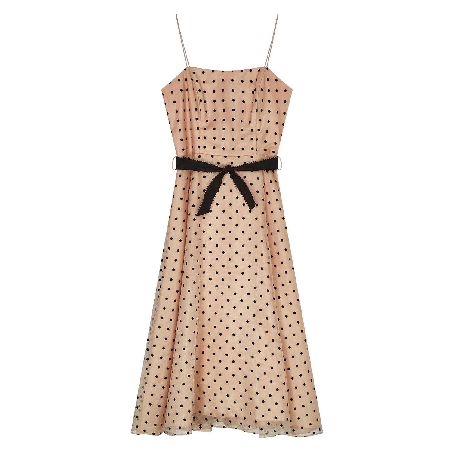 1970s Peach and Black Velvet Polka Dot Dress