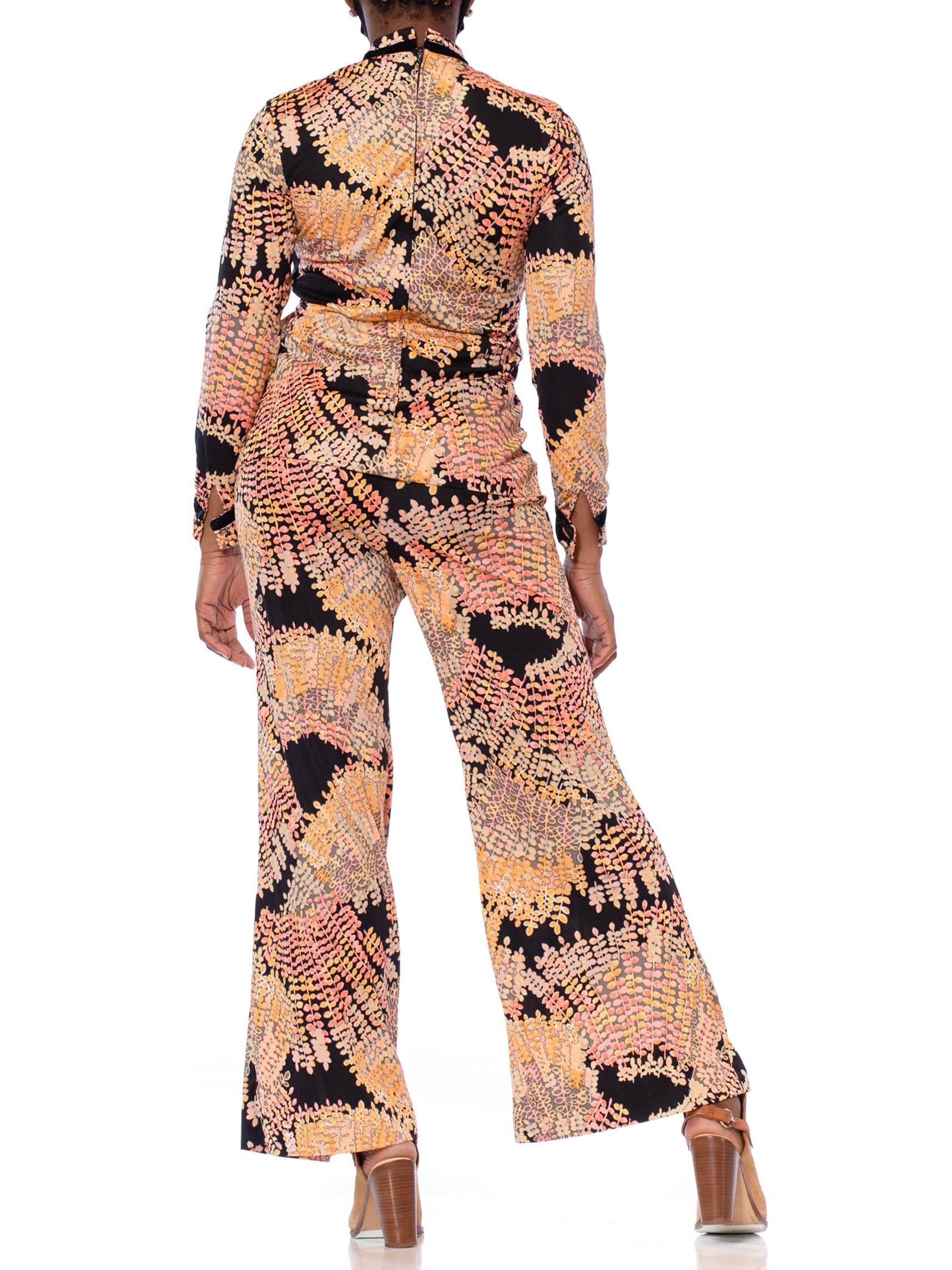 1970S Peach & Black Polyester Jersey Leafy Printed Blouse Pants Ensemble 2