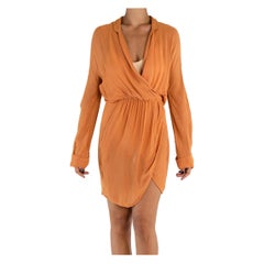 1970S Peach Rayon Crepe Chiffon Wrap Front Dress With Pockets