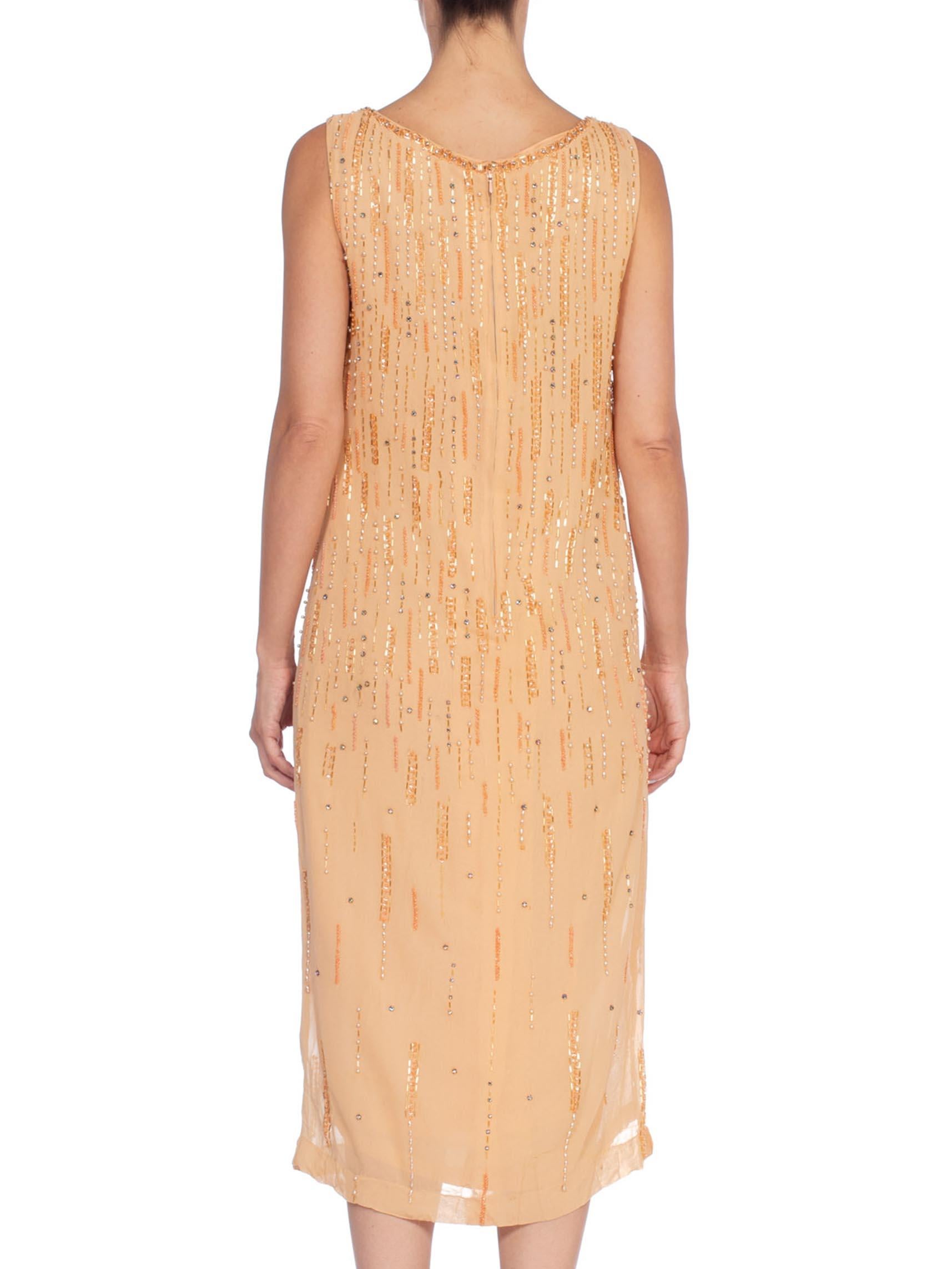1970'S Peach Silk Chiffon Crystal Beaded Straight Shift Cocktail Dress In Excellent Condition For Sale In New York, NY