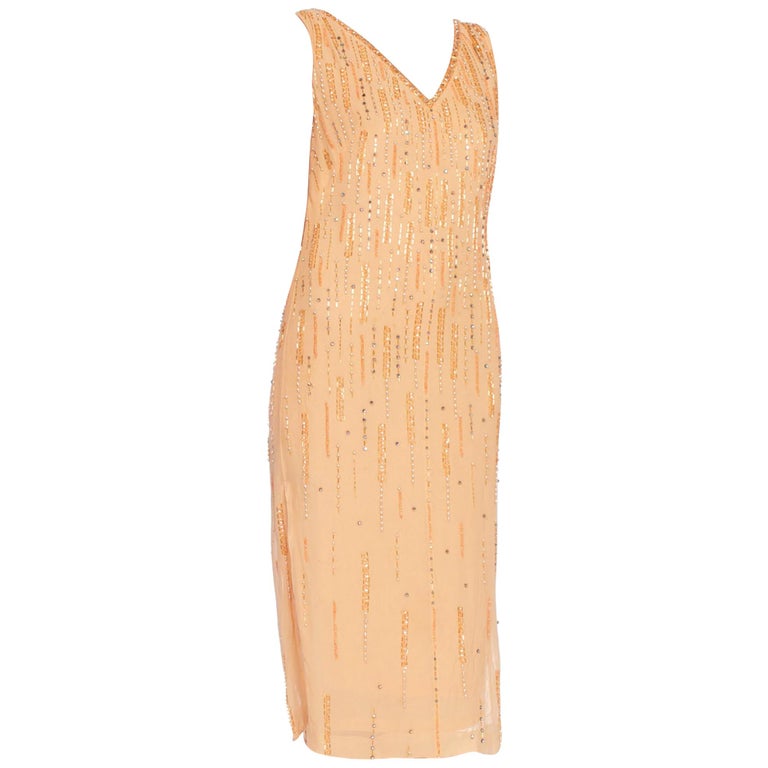 1970'S Peach Silk Chiffon Crystal Beaded Straight Shift Cocktail Dress at  1stDibs